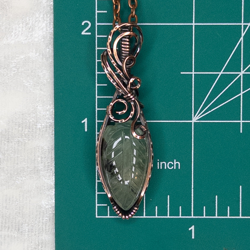 Carved Prehnite Leaf Antiqued Copper Pendant