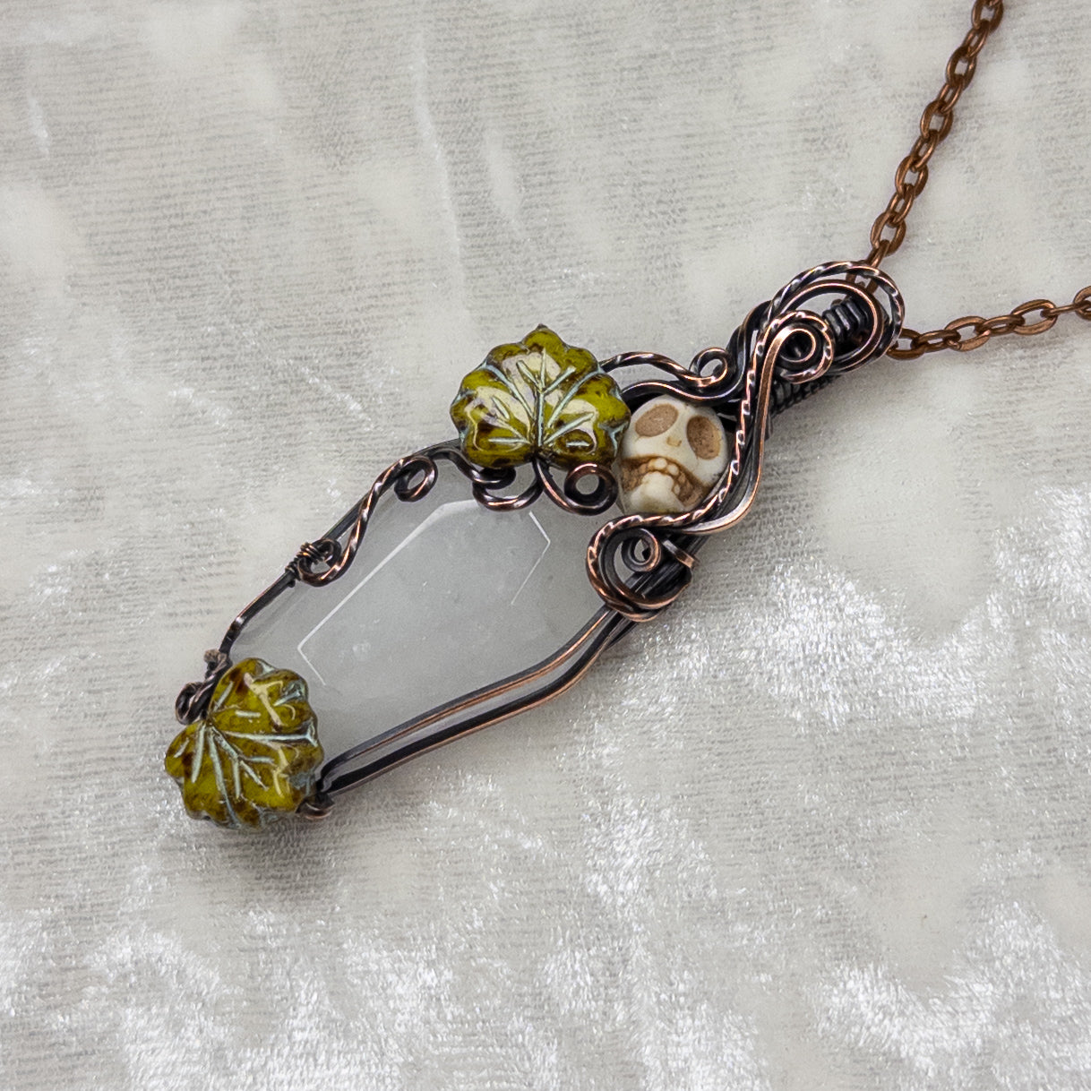 Quartz Coffin & Skull Antiqued Copper Pendant With Czech Glass Leaves