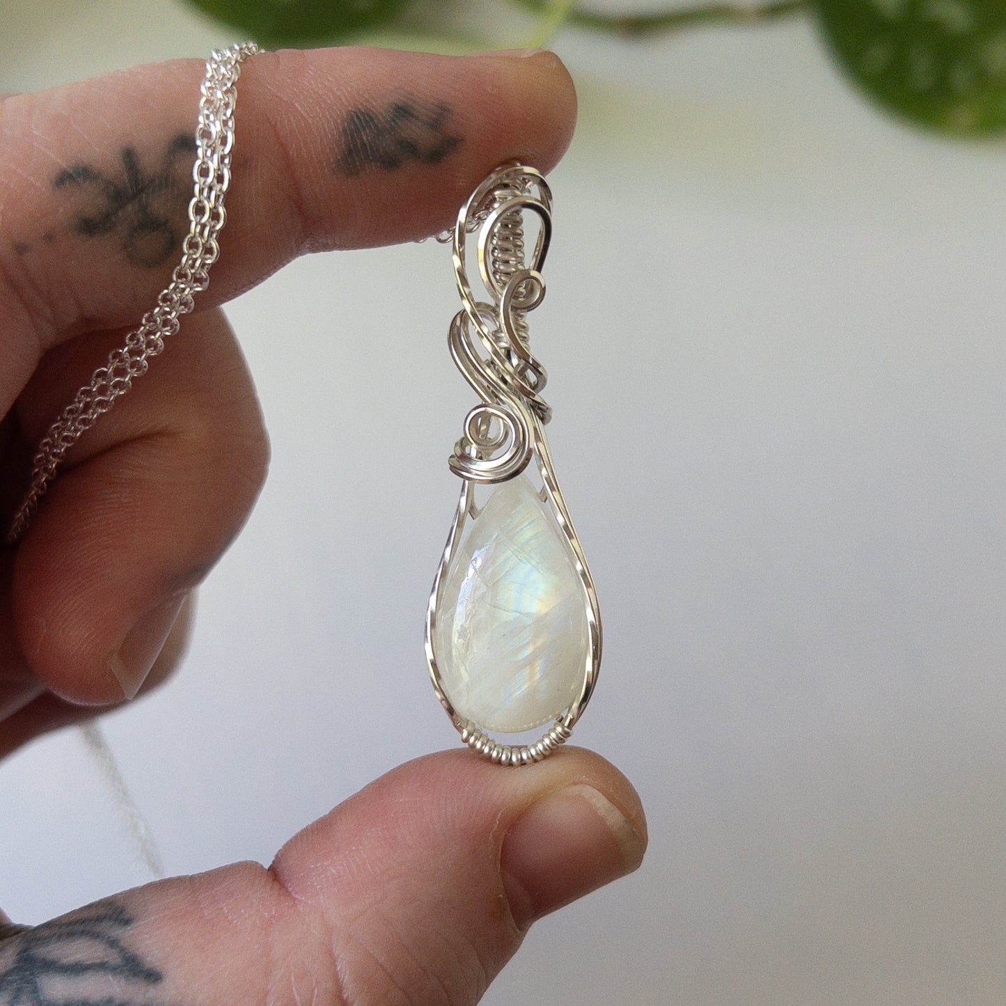 Rainbow Moonstone & Sterling Silver Wrapped Pendant