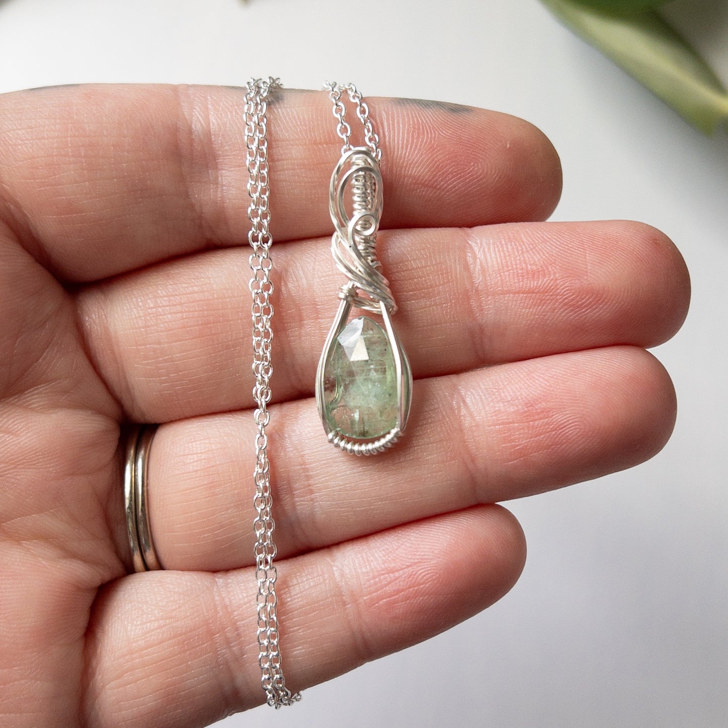 Faceted Green Kyanite & Sterling Silver Wrapped Pendant