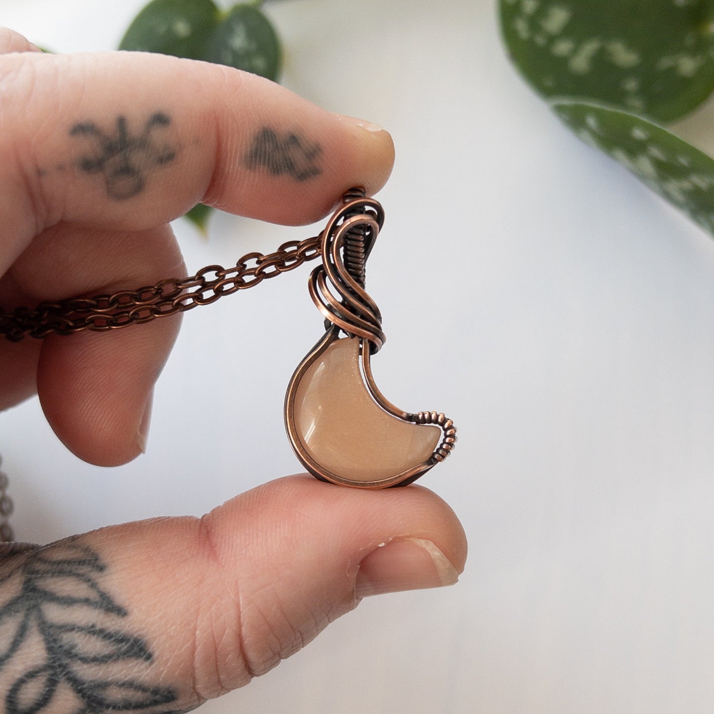 Peach Moonstone Moon & Copper Wrapped Pendant