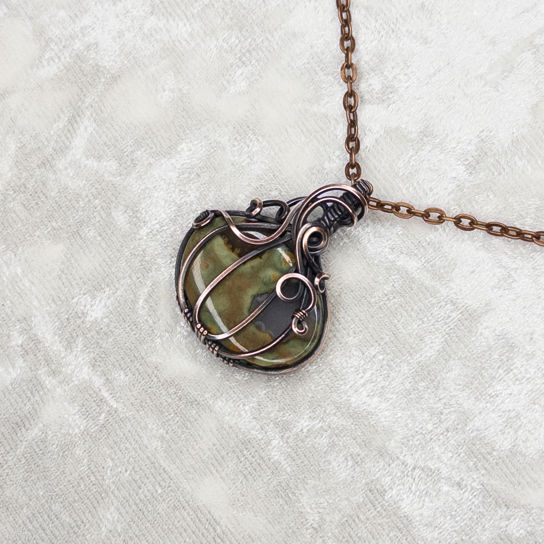 Rainforest Jasper Antiqued Copper Pumpkin Pendant