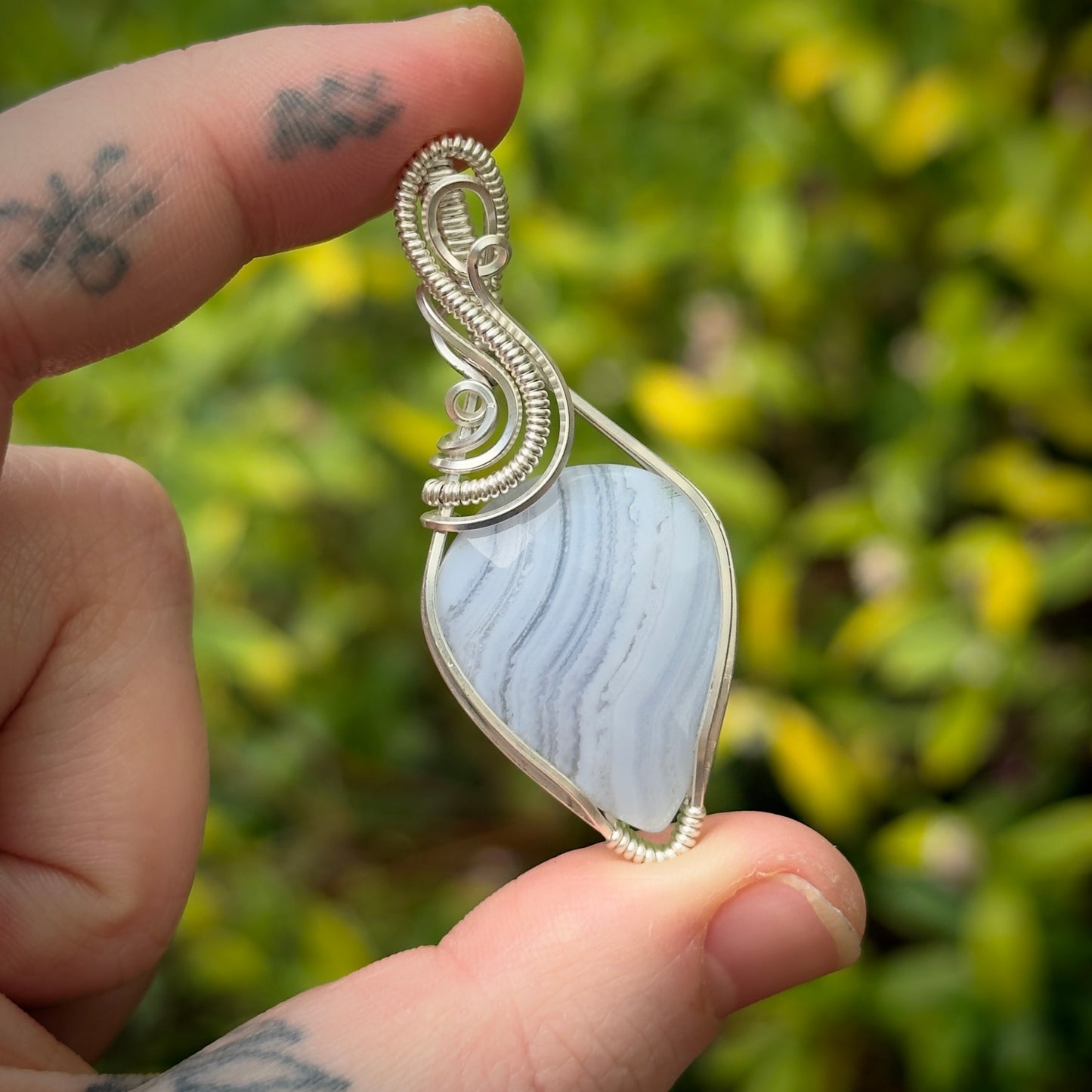 Rose Cut Blue Lace Agate Sterling Silver Wrapped Pendant