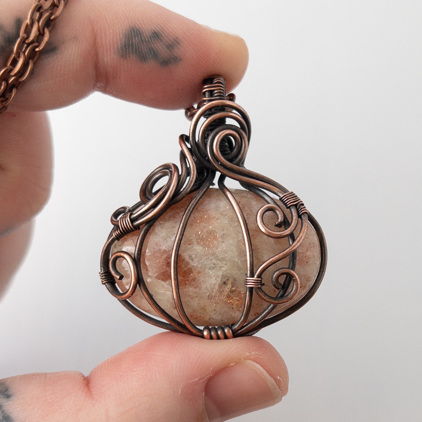 Short Sunstone Pumpkin Antiqued Copper Wrapped Pendant