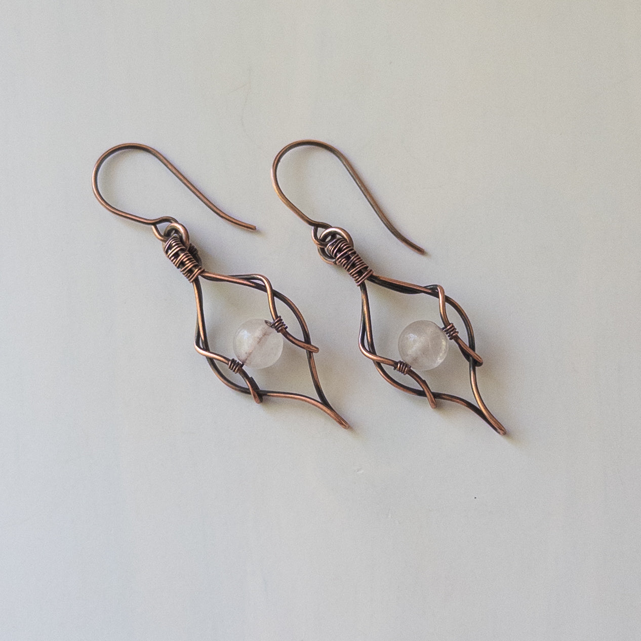 Rose Quartz Bead Antiqued Copper Wrapped Earrings