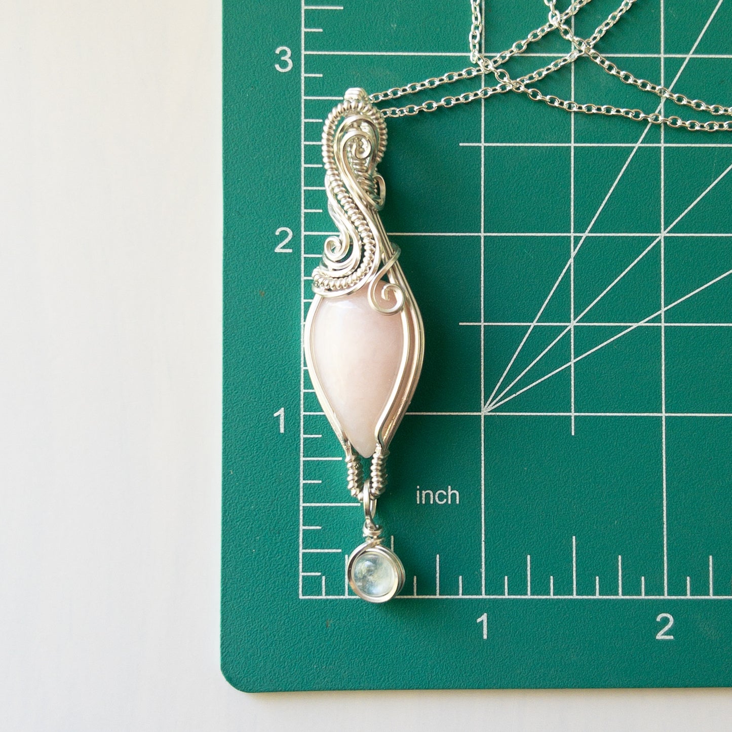 Pink Opal With Moonstone Charm Sterling Silver Wrapped Pendant