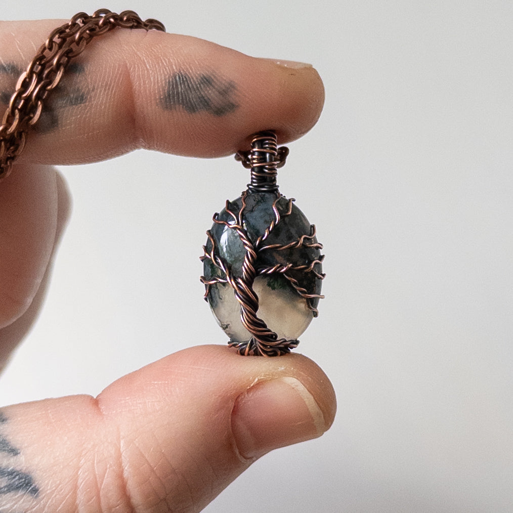 Moss Agate Tree Oval Antiqued Copper Pendant