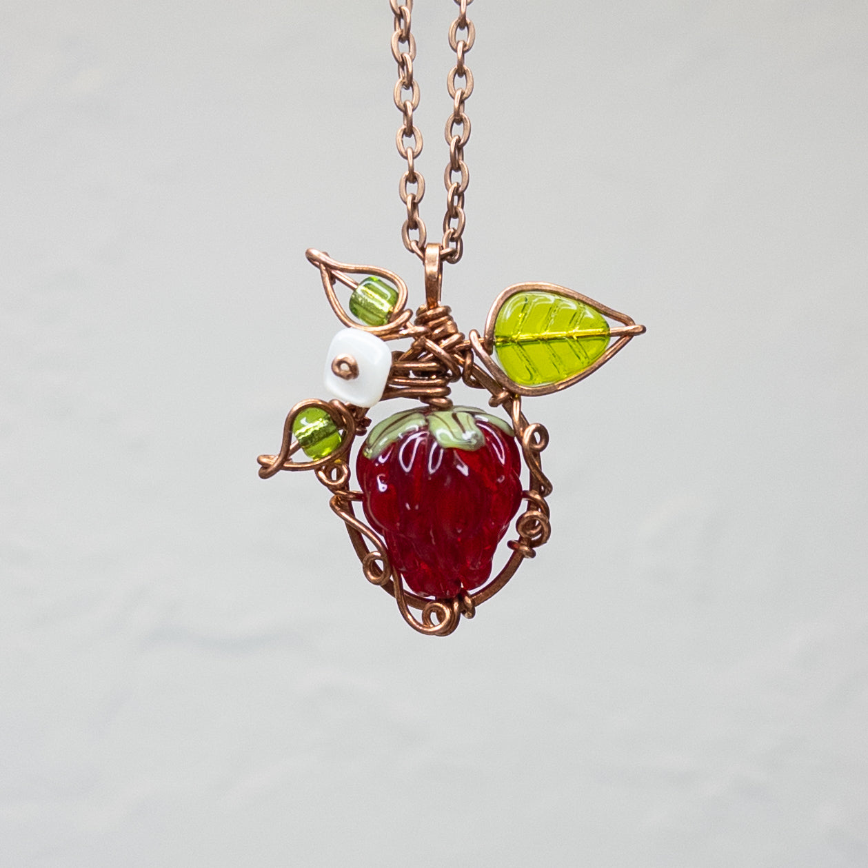Whimsical Glass Raspberry Copper Wrapped Pendant with Shell Flower - E