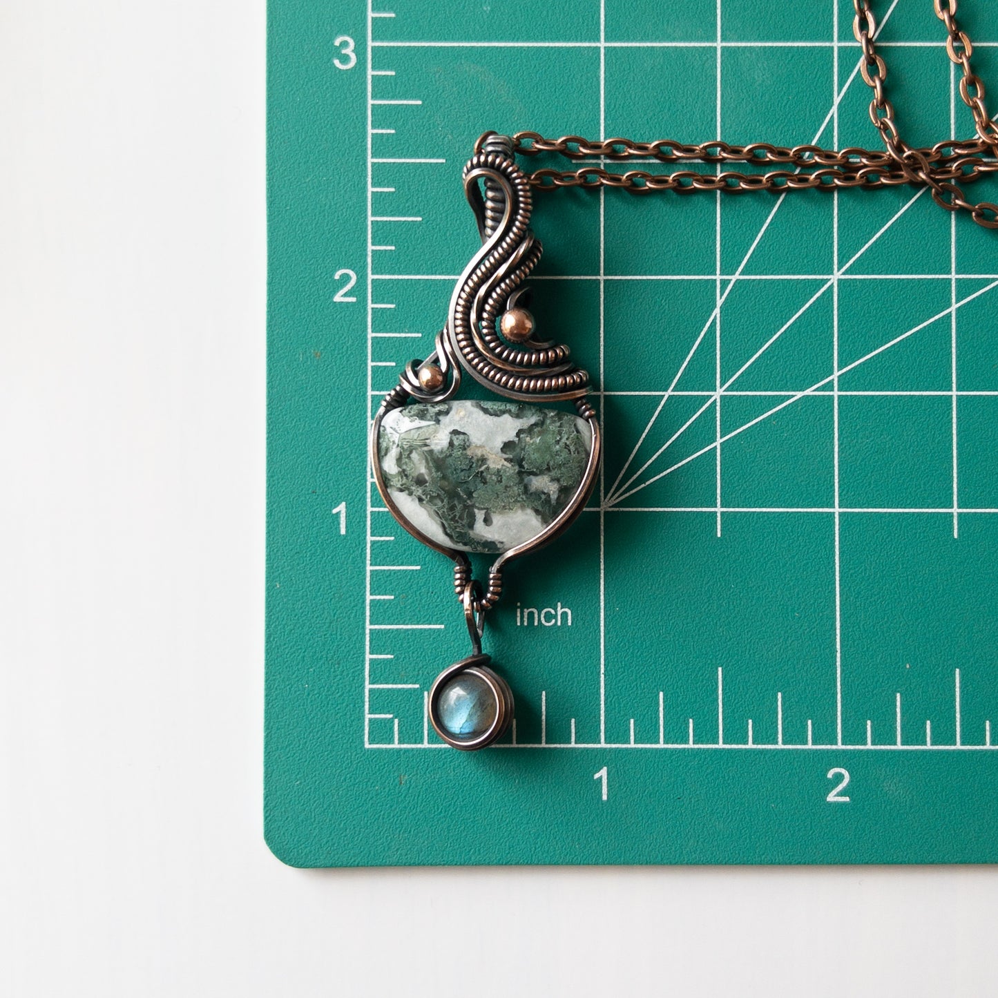 Moss Agate With Labradorite Charm & Copper Wrapped Pendant