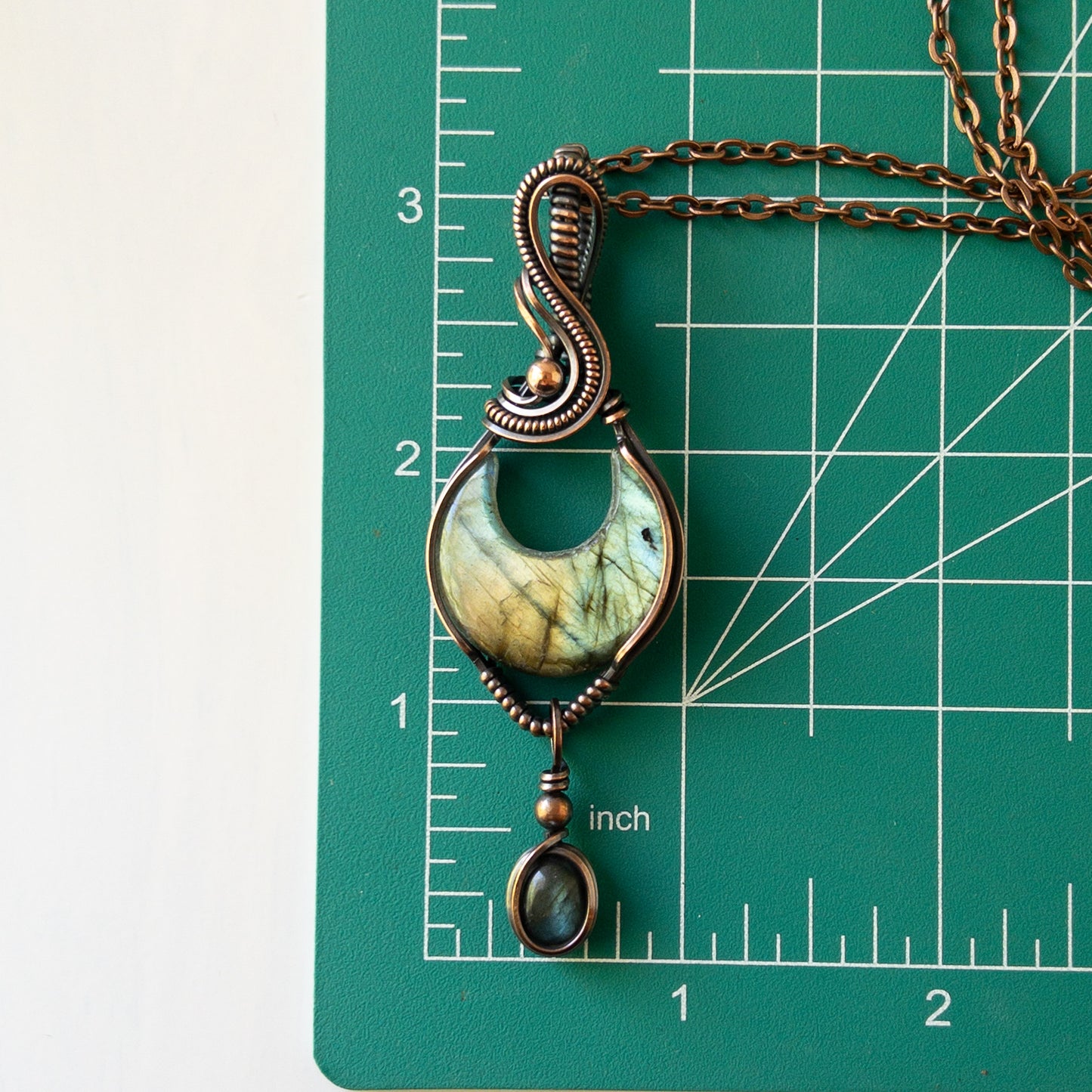 Crescent Moon Labradorite With Labradorite Charm Copper Wrapped Pendant