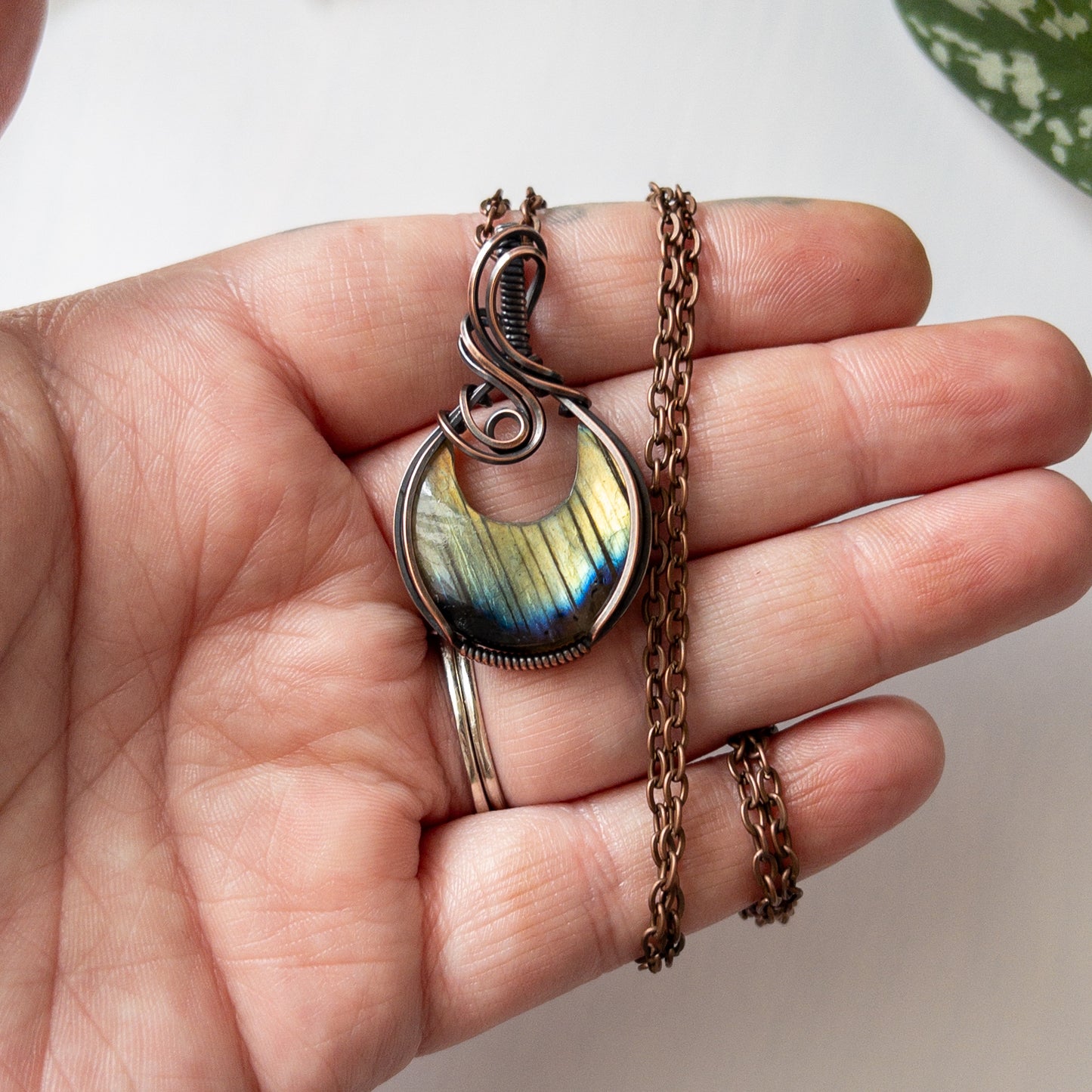 Labradorite Moon & Copper Wrapped Pendant