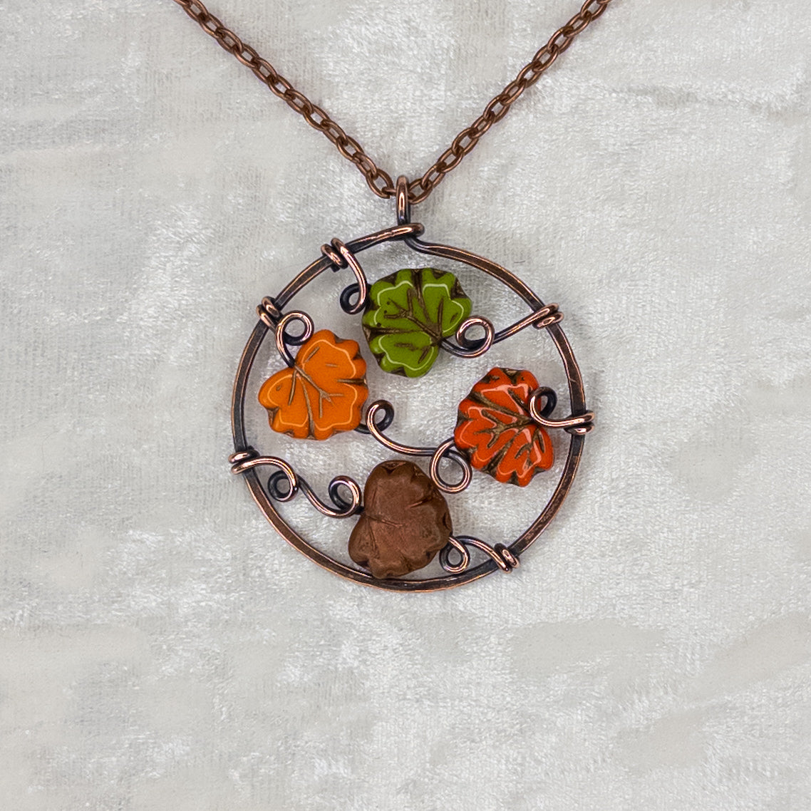 “Autumn Leaves” Antiqued Copper Pendant With Czech Glass Leaf Beads