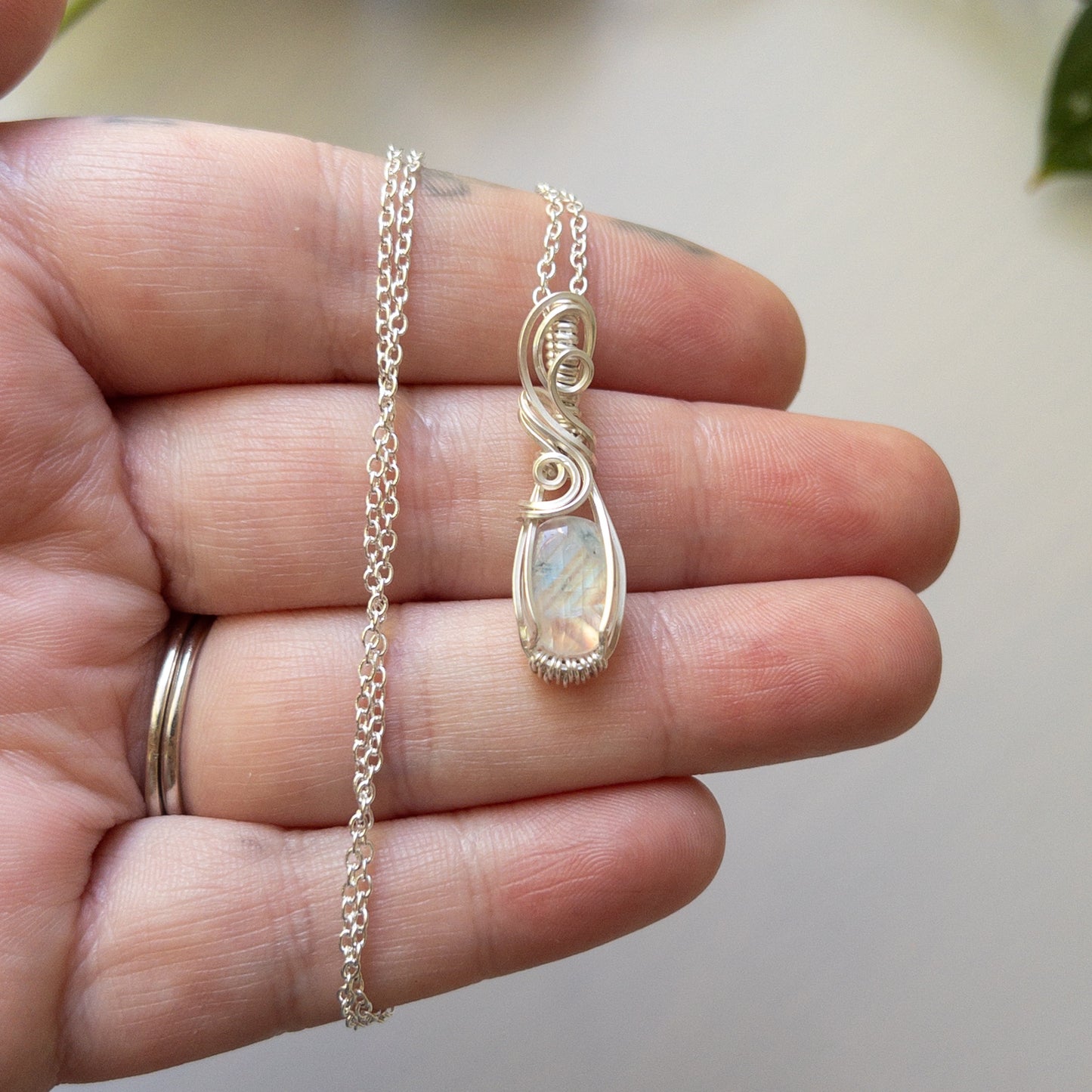 Rainbow Moonstone & Sterling Silver Wrapped Pendant