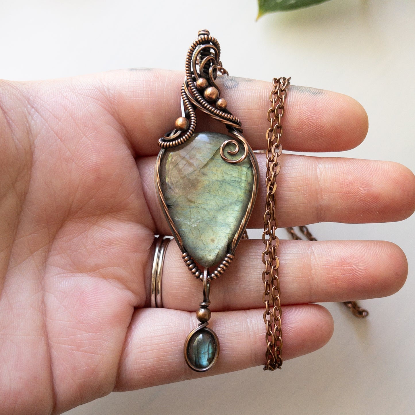 Labradorite With Labradorite Charm Copper Wrapped Pendant