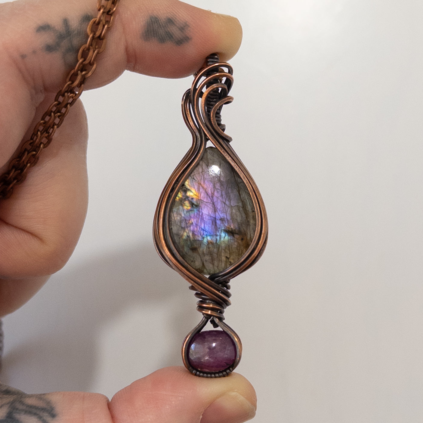 Rainbow Labradorite & Star Ruby Copper Wrapped Pendant