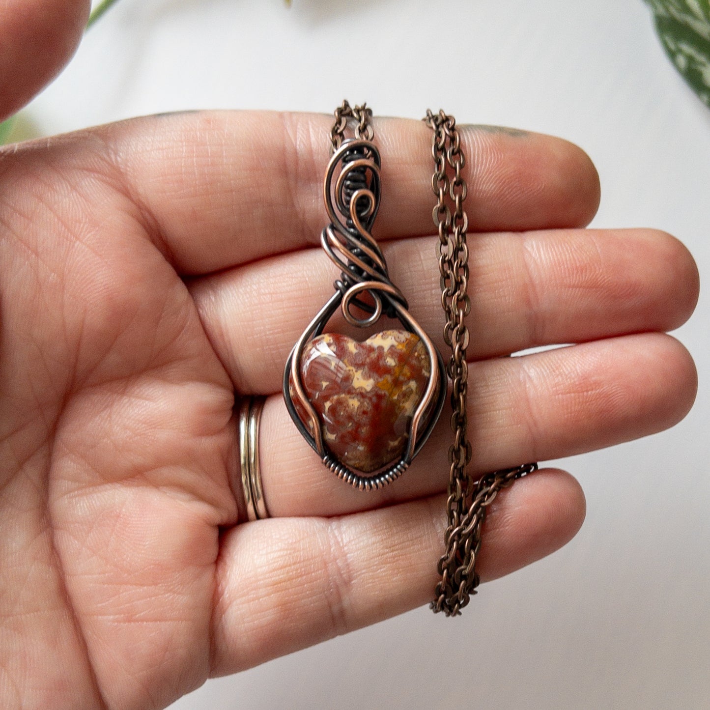 Dappled Ocean Jasper Heart Copper Wrapped Pendant