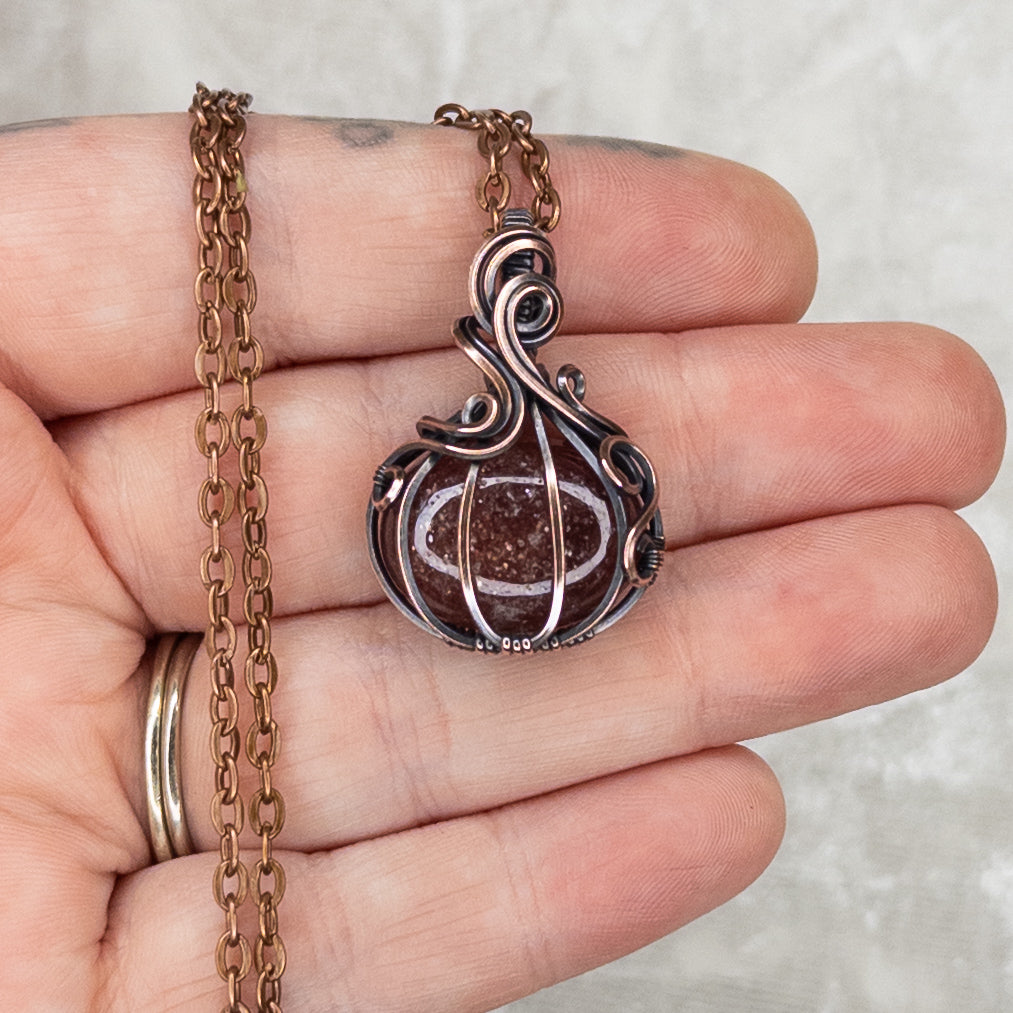 Strawberry Quartz Antiqued Copper Pumpkin Pendant