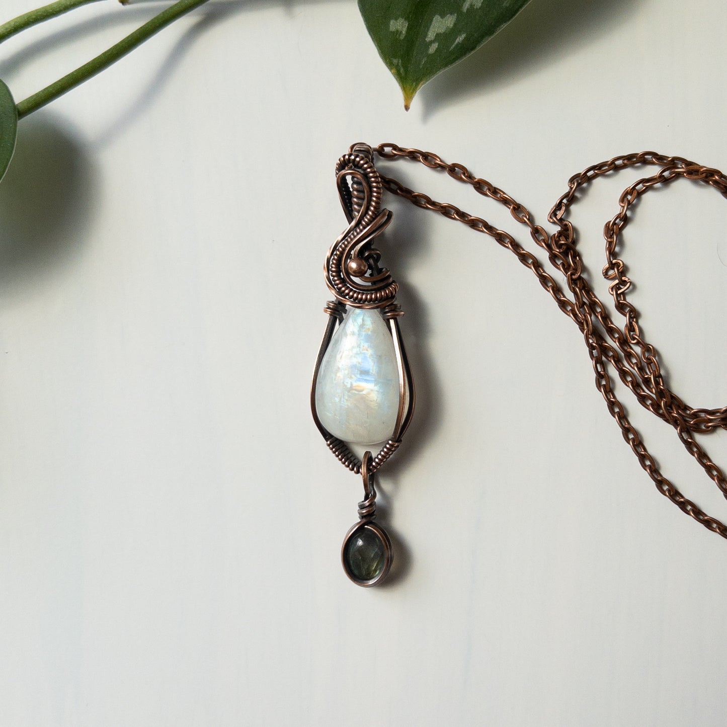 Rainbow Moonstone With Labradorite Charm & Copper Wrapped Pendant