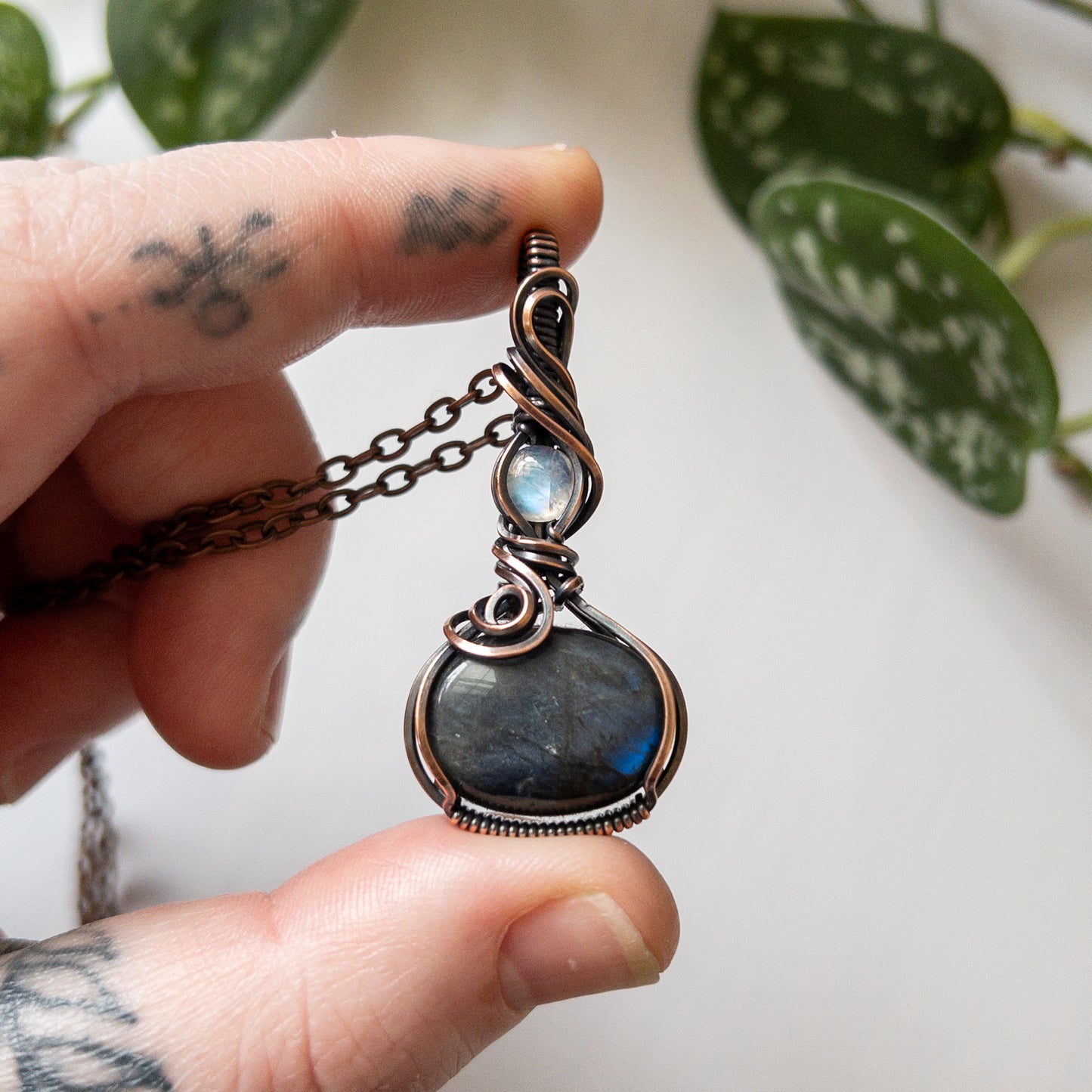 Labradorite With Moonstone & Copper Wrapped Pendant
