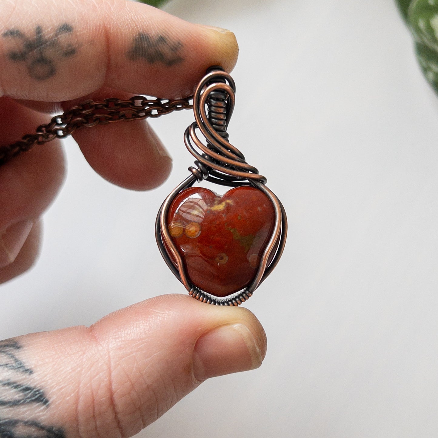 Red Ocean Jasper Heart & Copper Wrapped Pendant