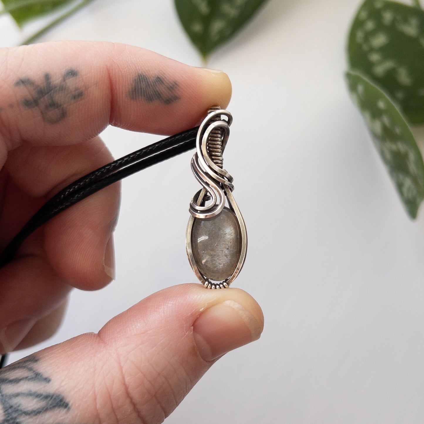 Dainty Black Moonstone & Sterling Silver Wrapped Pendant