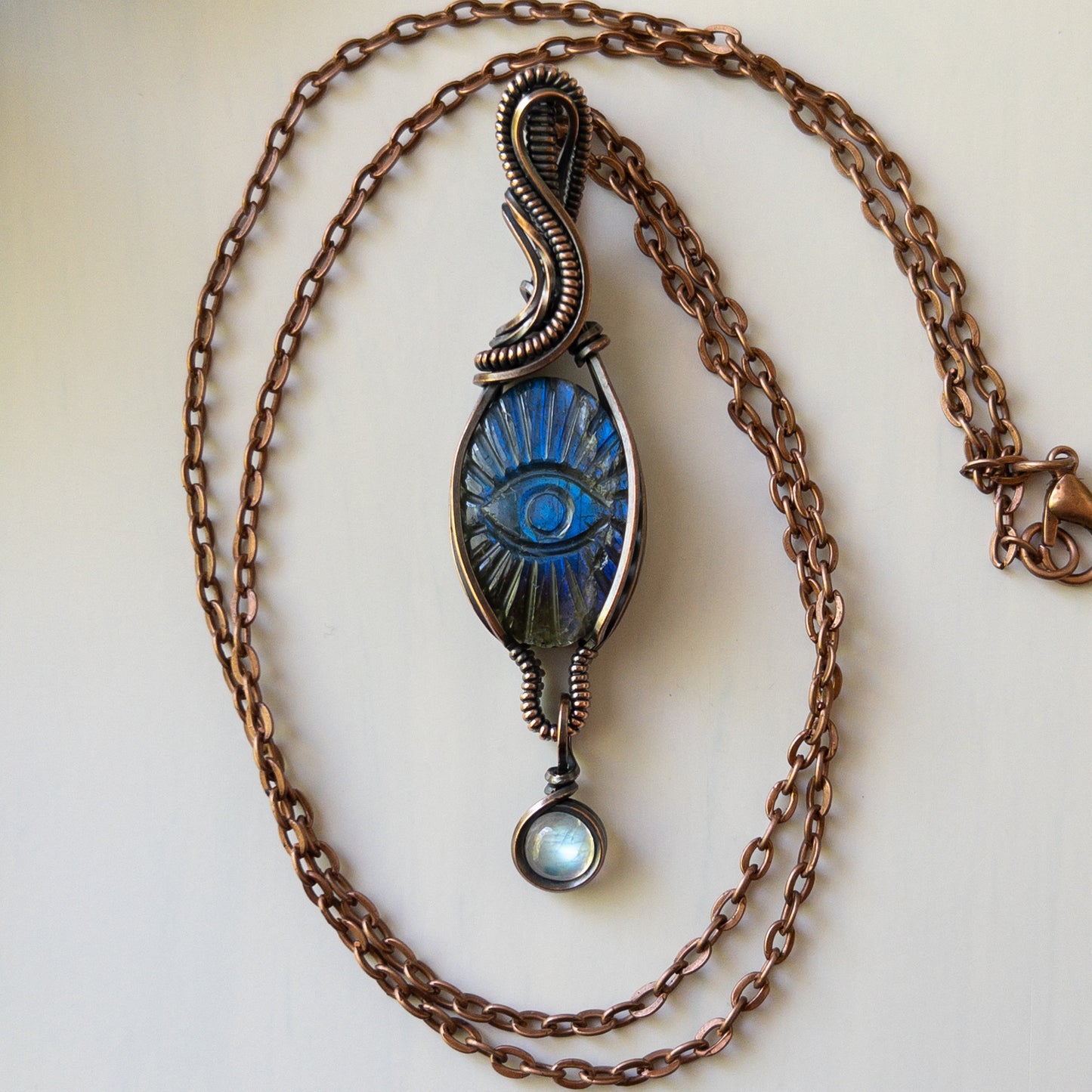 Labradorite Eye With Moonstone Charm Copper Wrapped Pendant