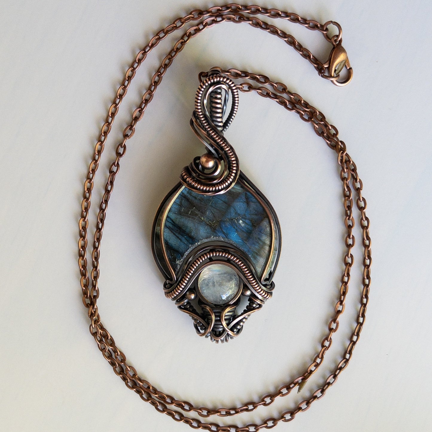 Labradorite With Moonstone Antiqued Copper Amulet Pendant