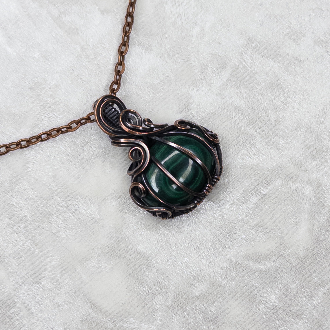 Malachite “Eye” Antiqued Copper Pumpkin Pendant