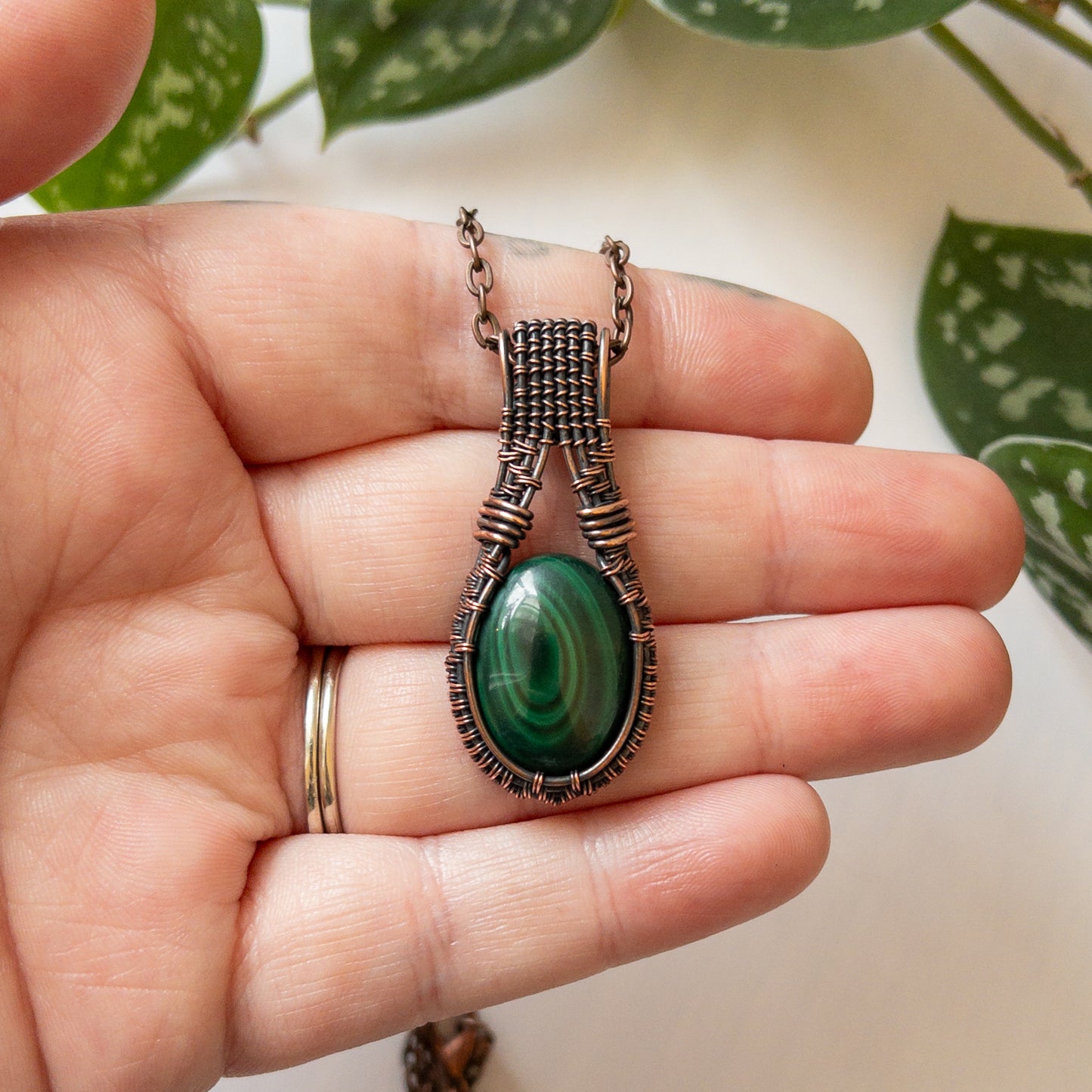 Malachite & Copper Woven Pendant