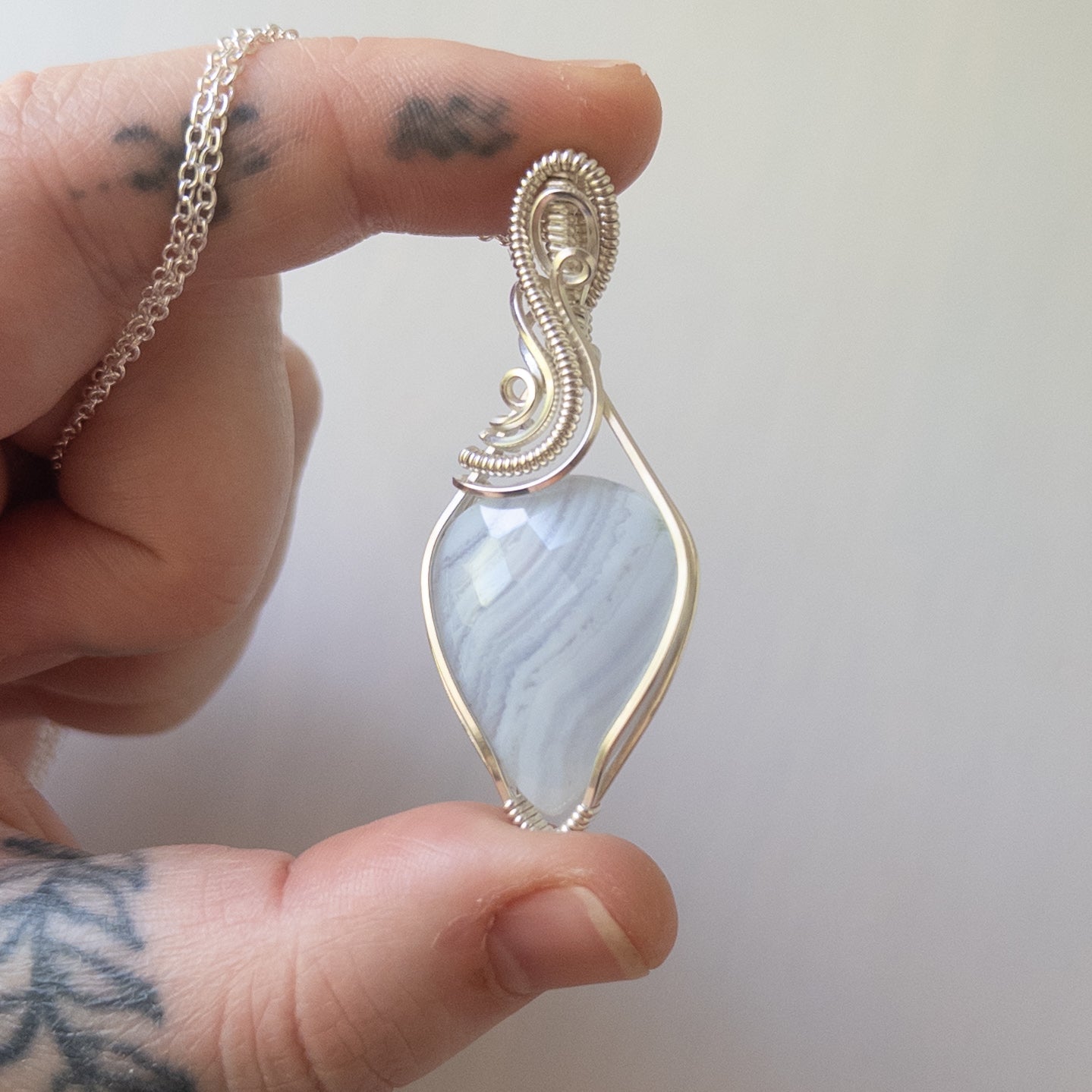 Rose Cut Blue Lace Agate Sterling Silver Wrapped Pendant