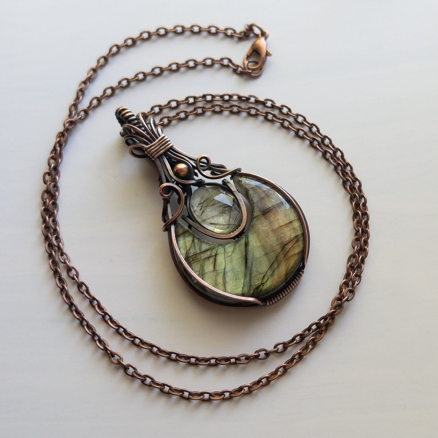 Labradorite Moon & Faceted Green Rutile Copper Wrapped Pendant