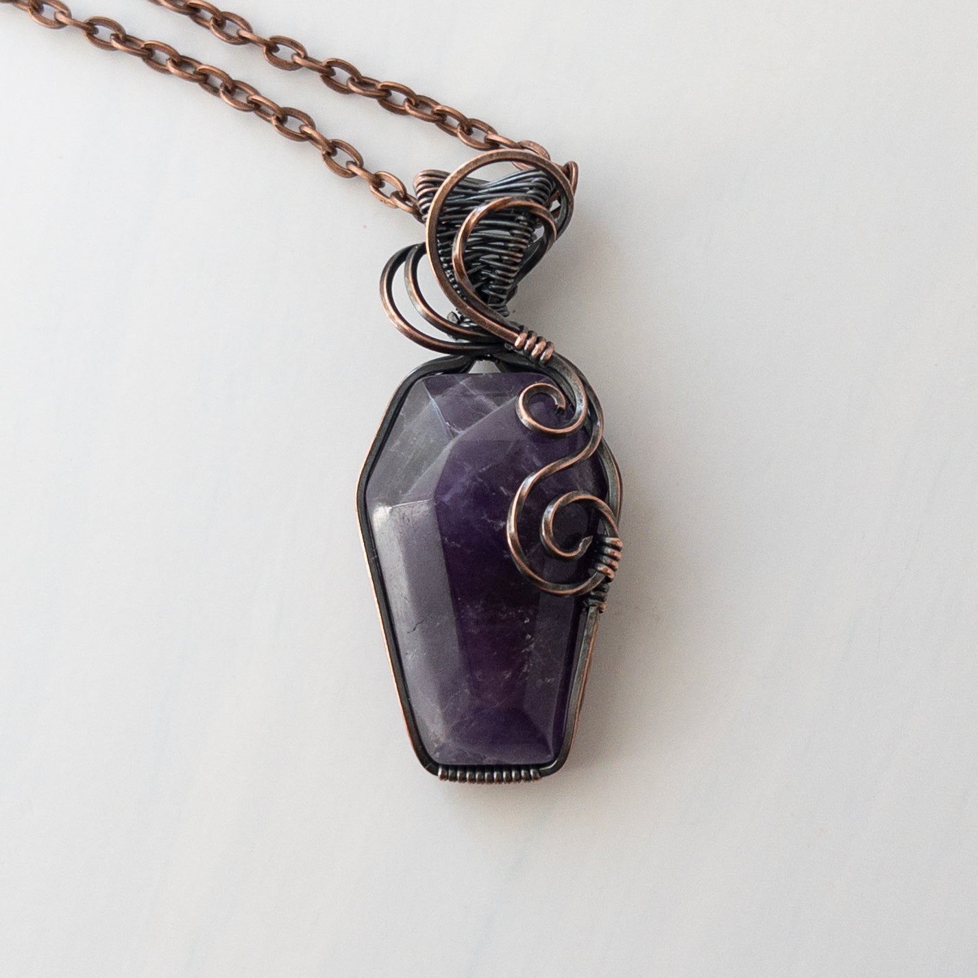 Amethyst Coffin Antiqued Copper Wrapped Pendant