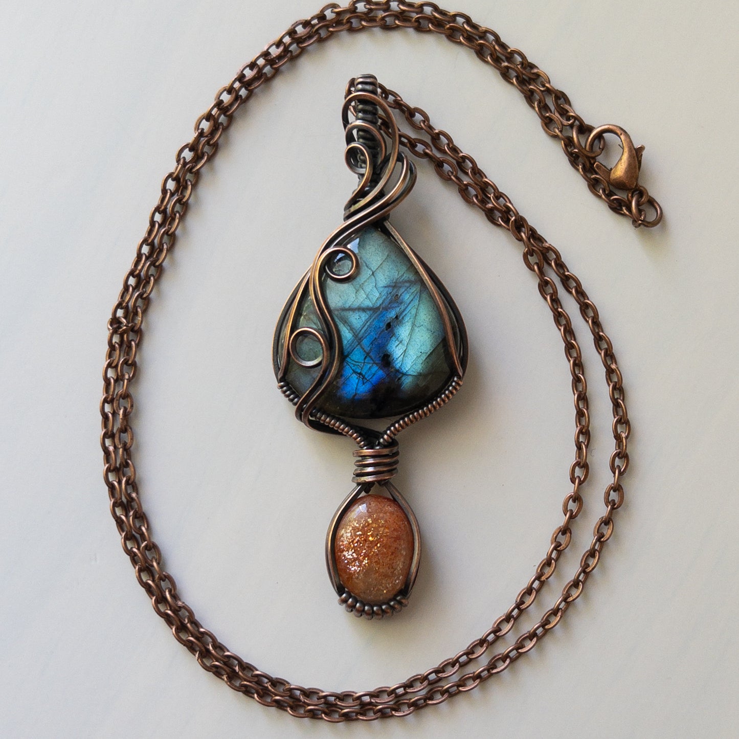 Labradorite & Sunstone Copper Wrapped Pendant