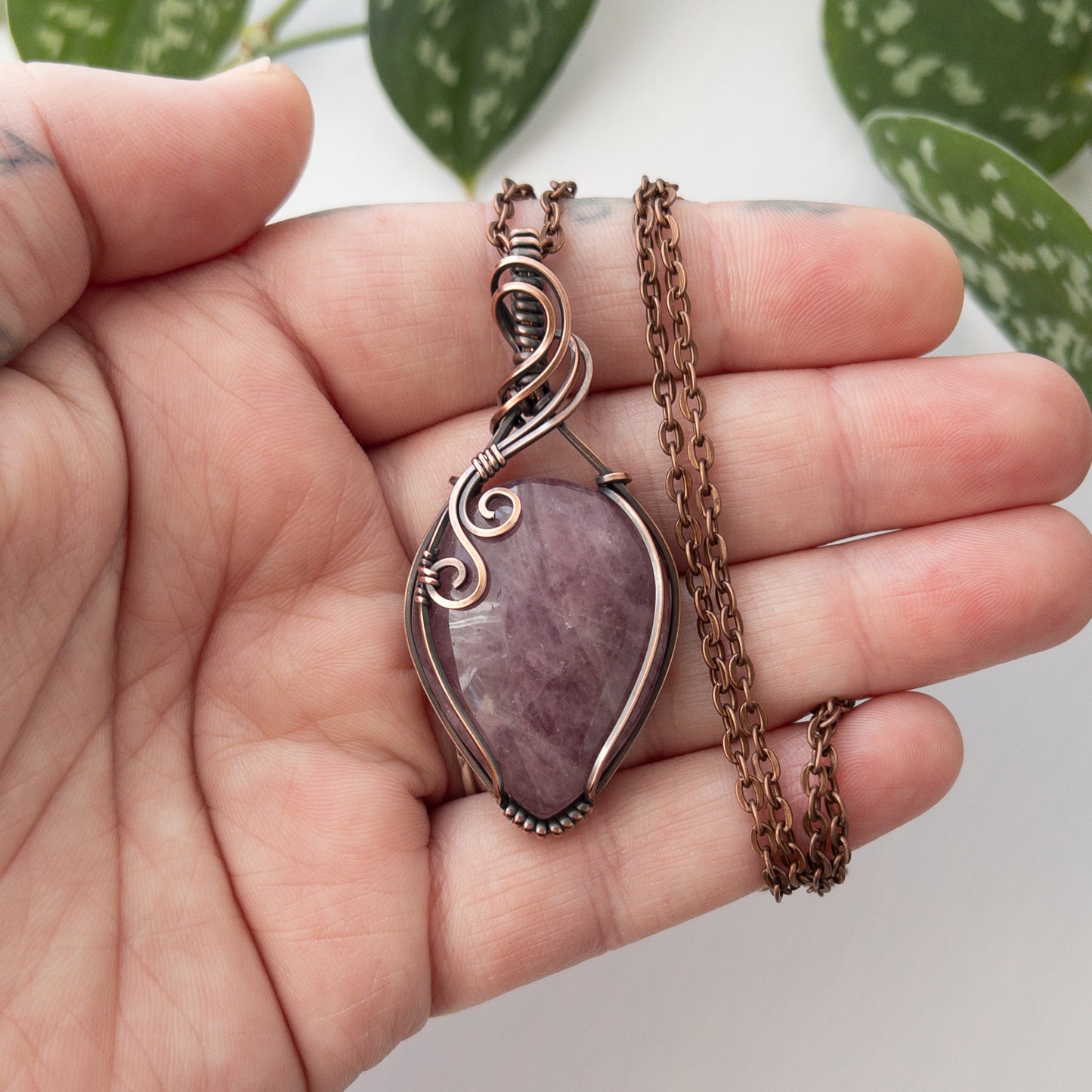 Lavender Rose Quartz & Copper Wrapped Pendant