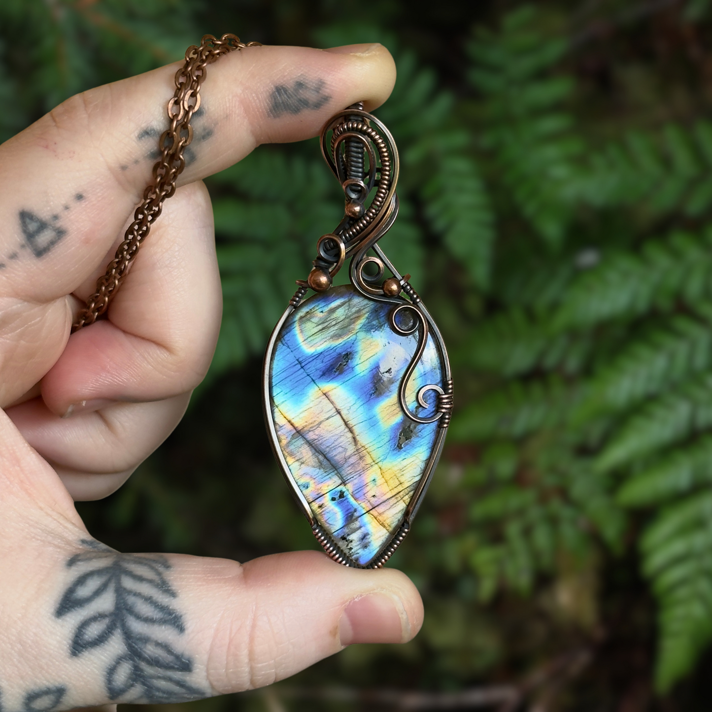 Large Multicolor Labradorite Antiqued Copper Wrapped Pendant