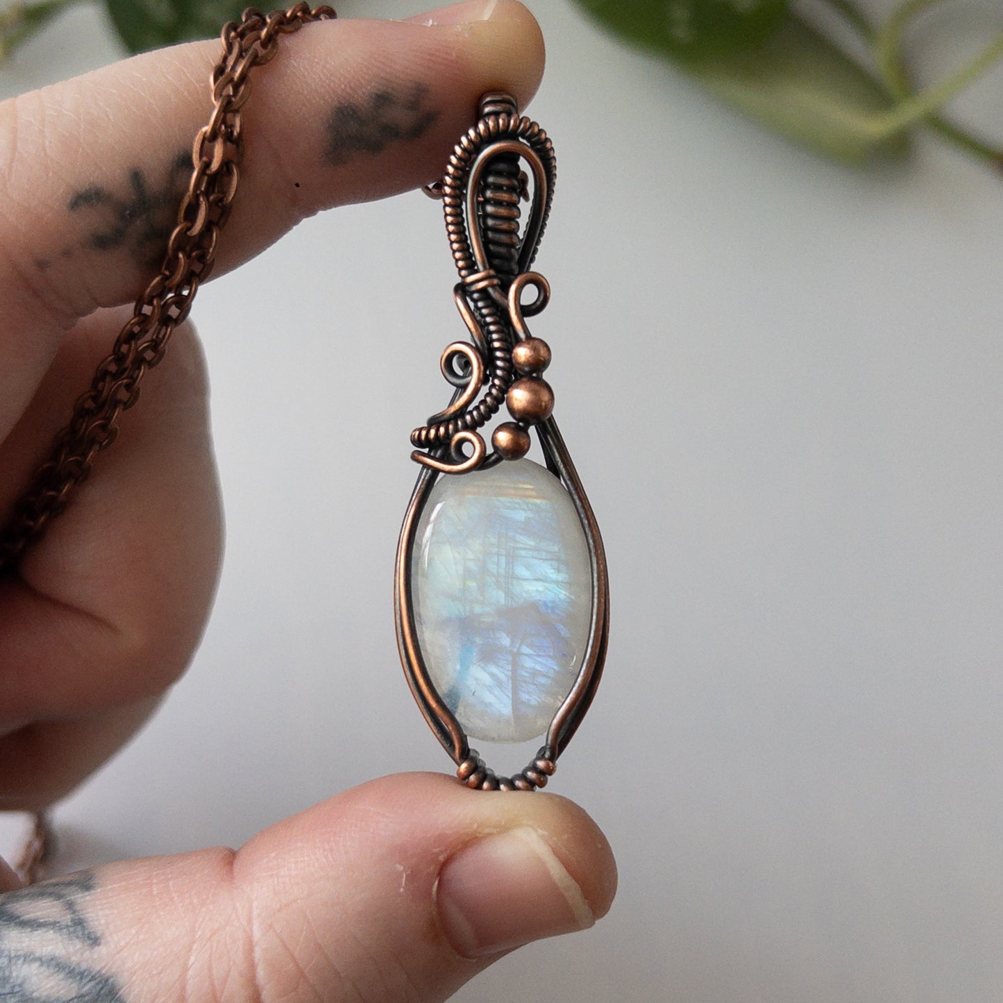 Rainbow Moonstone Copper Wrapped Pendant
