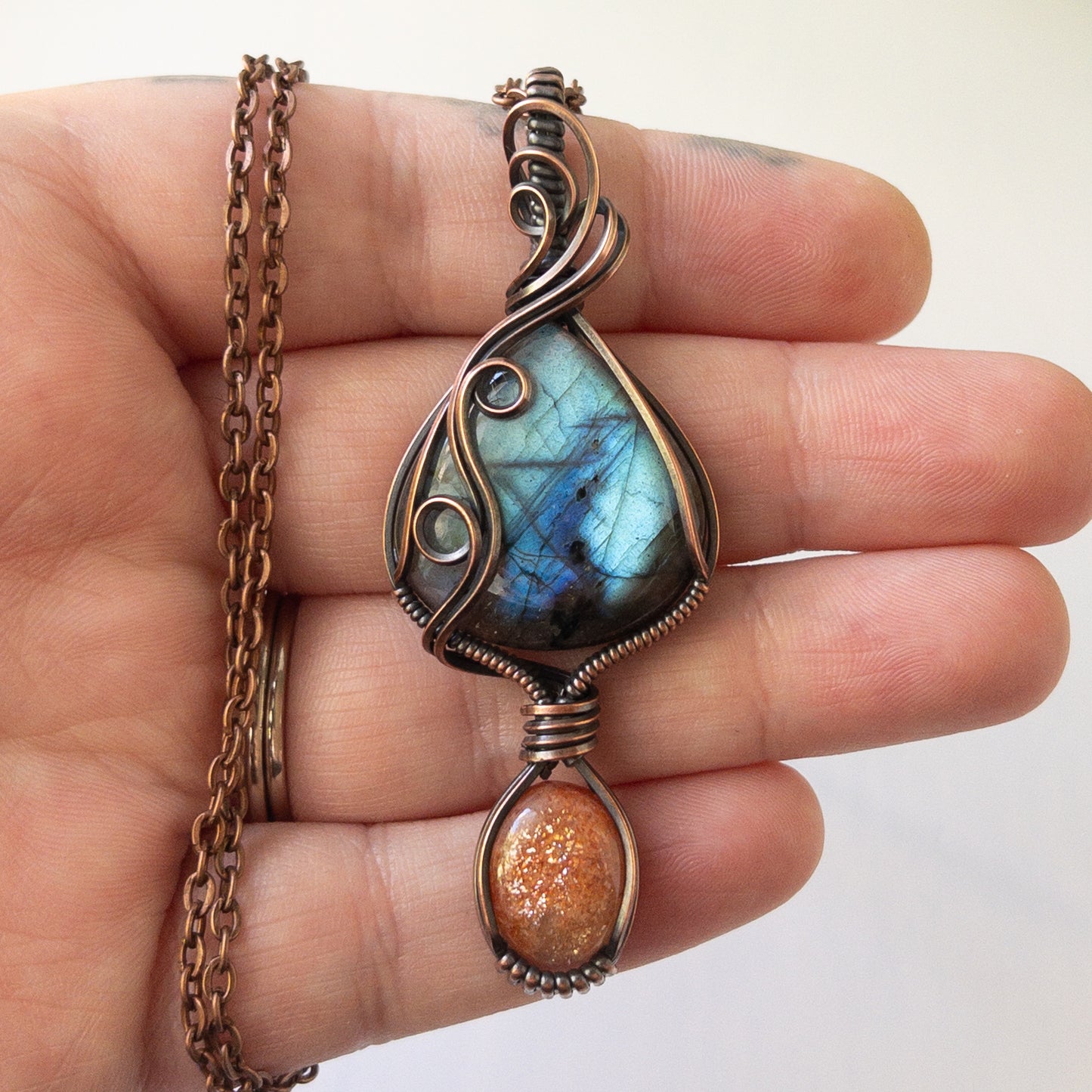 Labradorite & Sunstone Copper Wrapped Pendant