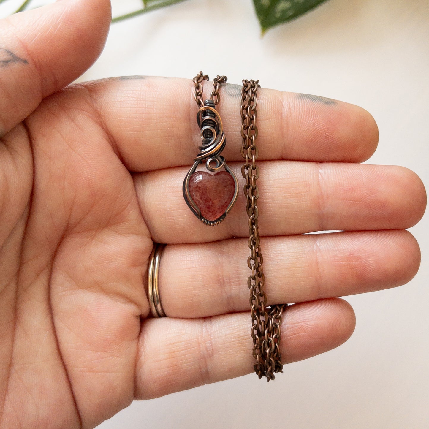 Mini Strawberry Quartz Heart & Copper Wrapped Pendant - A