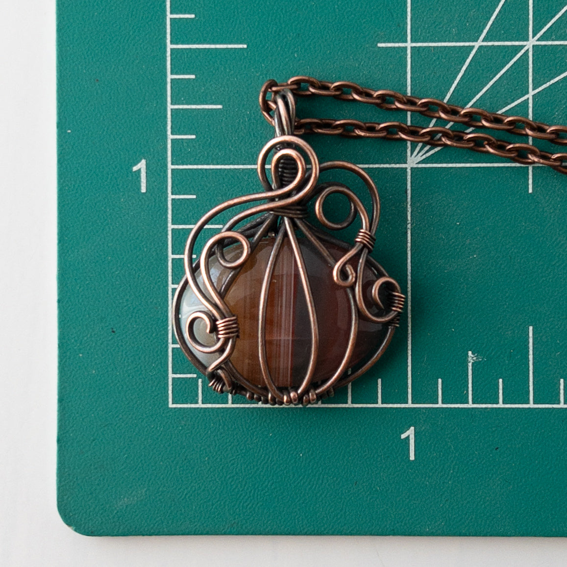 Banded Carnelian Pumpkin Antiqued Copper Wrapped Pendant