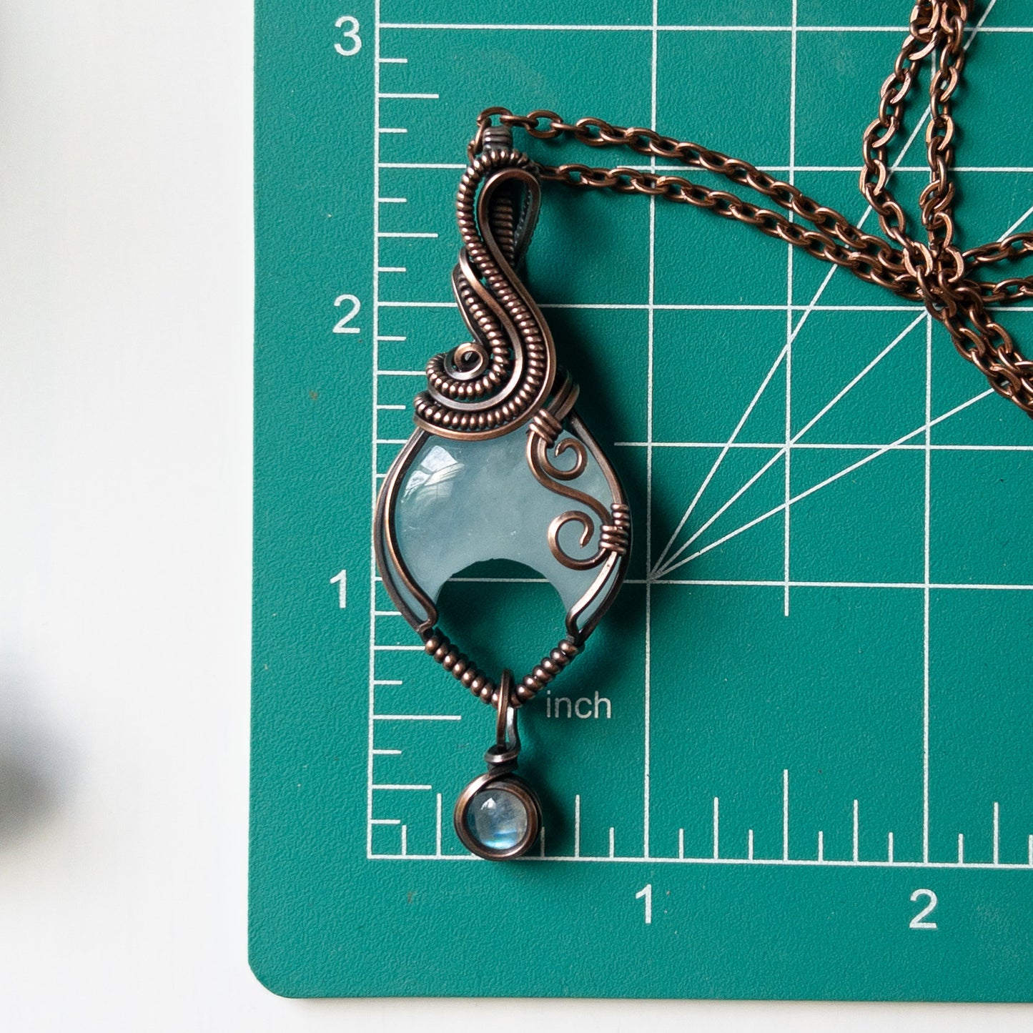 Aquamarine Moon With Moonstone Charm & Copper Wrapped Pendant