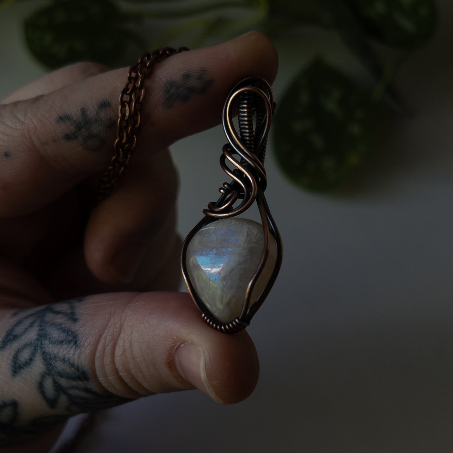 Belomorite Moonstone & Antiqued Copper Wrapped Pendant