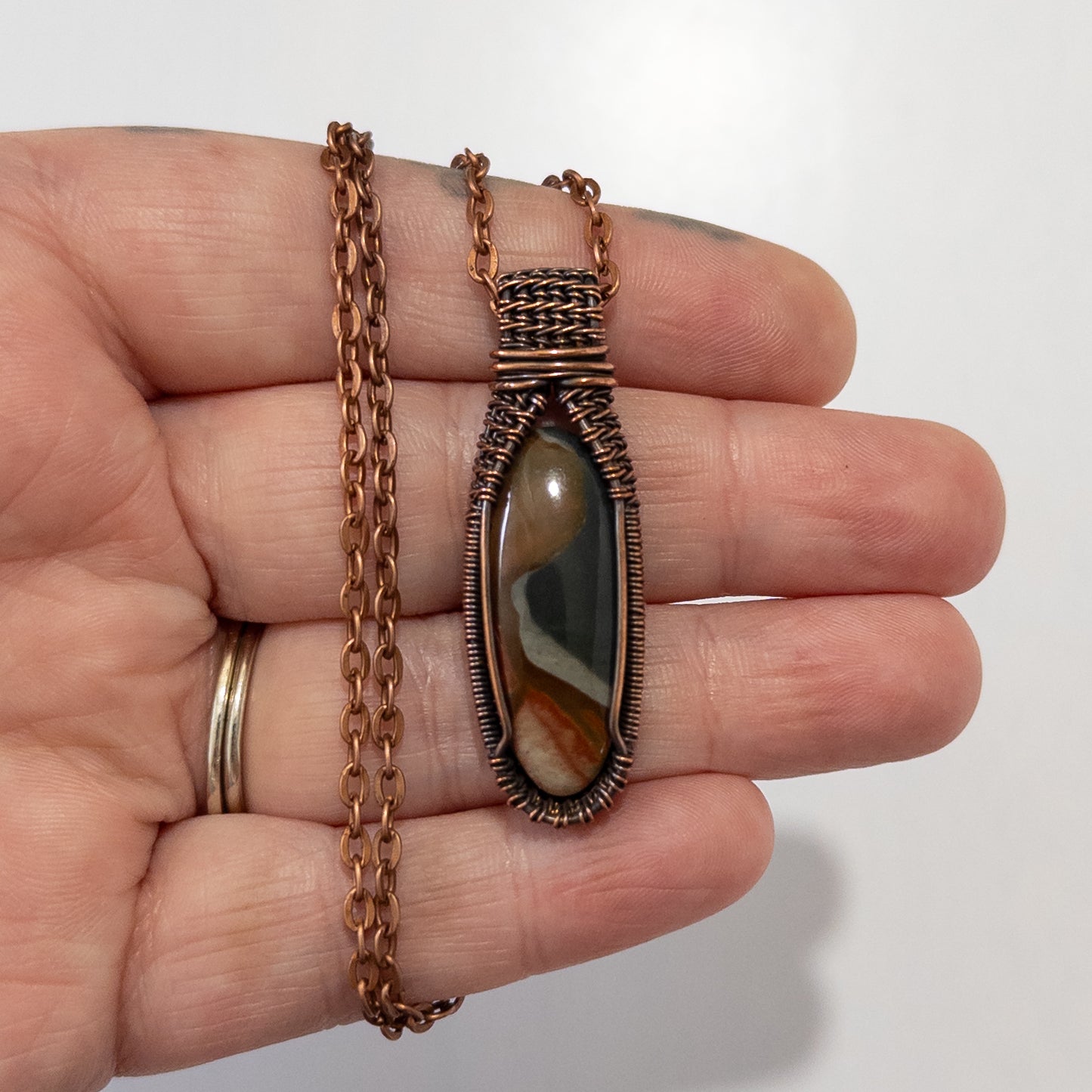 Polychrome Jasper Woven Copper Pendant