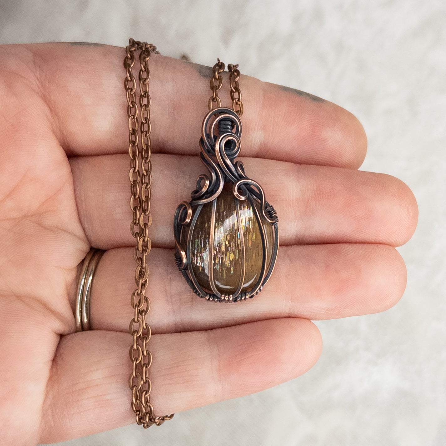 Meteor Shower Sunstone Antiqued Copper Pumpkin Pendant
