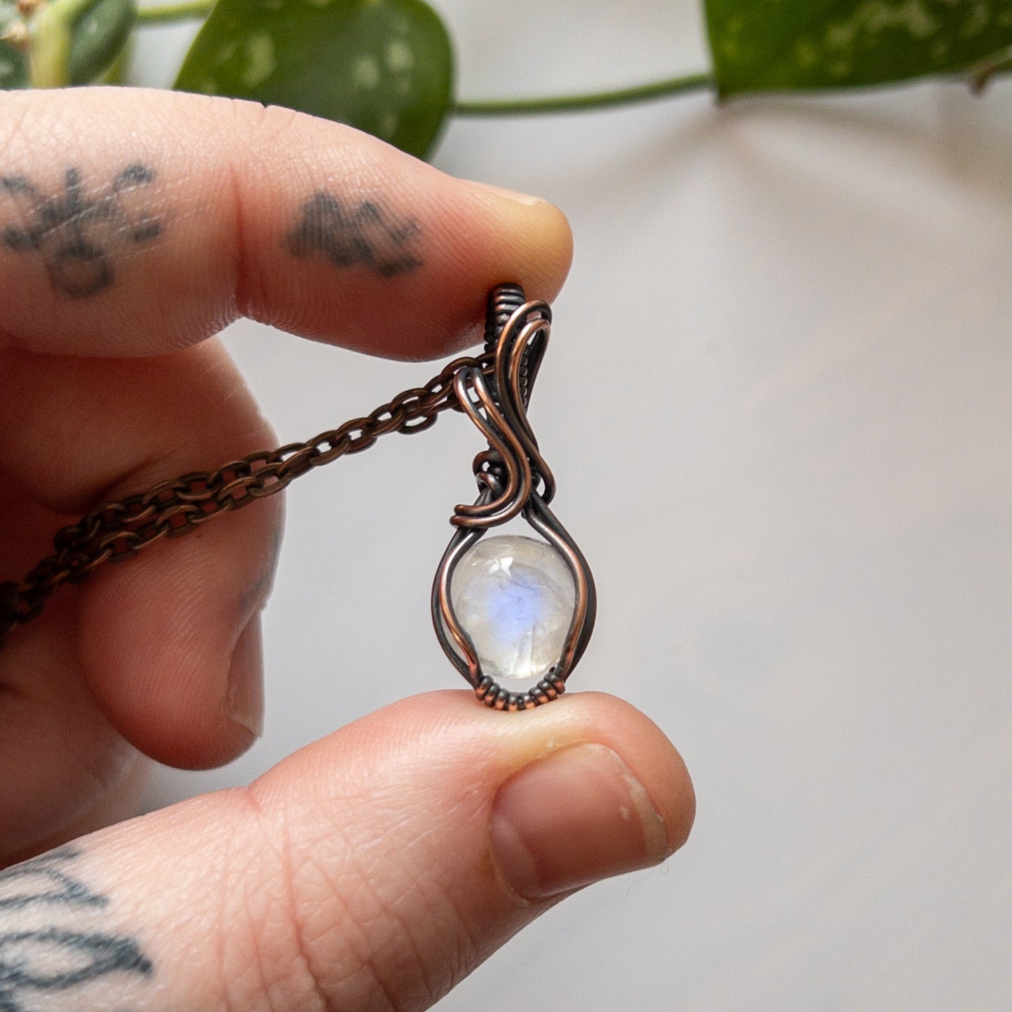 Dainty Moonstone & Copper Wrapped Pendant