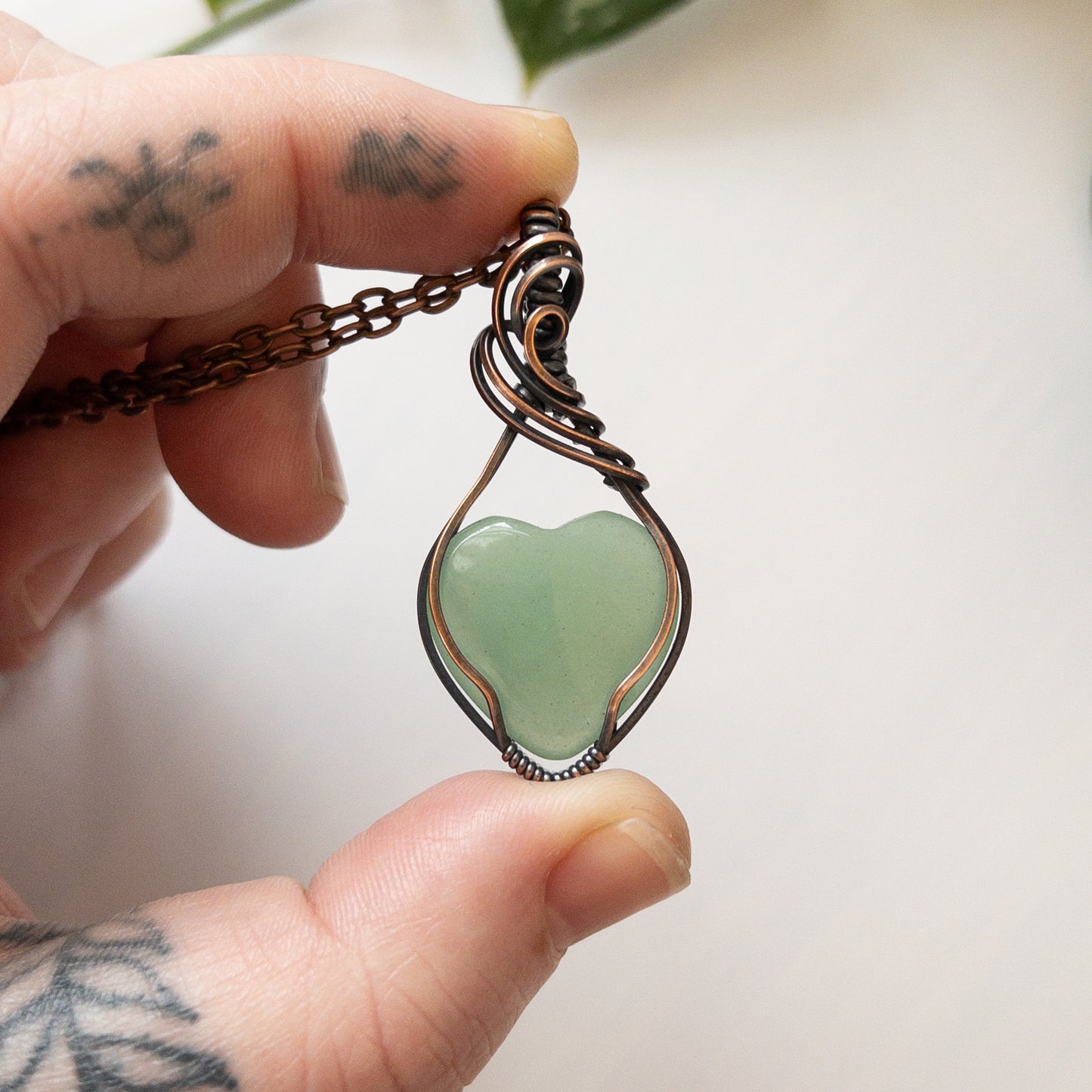 Green Aventurine Heart & Copper Wrapped Pendant