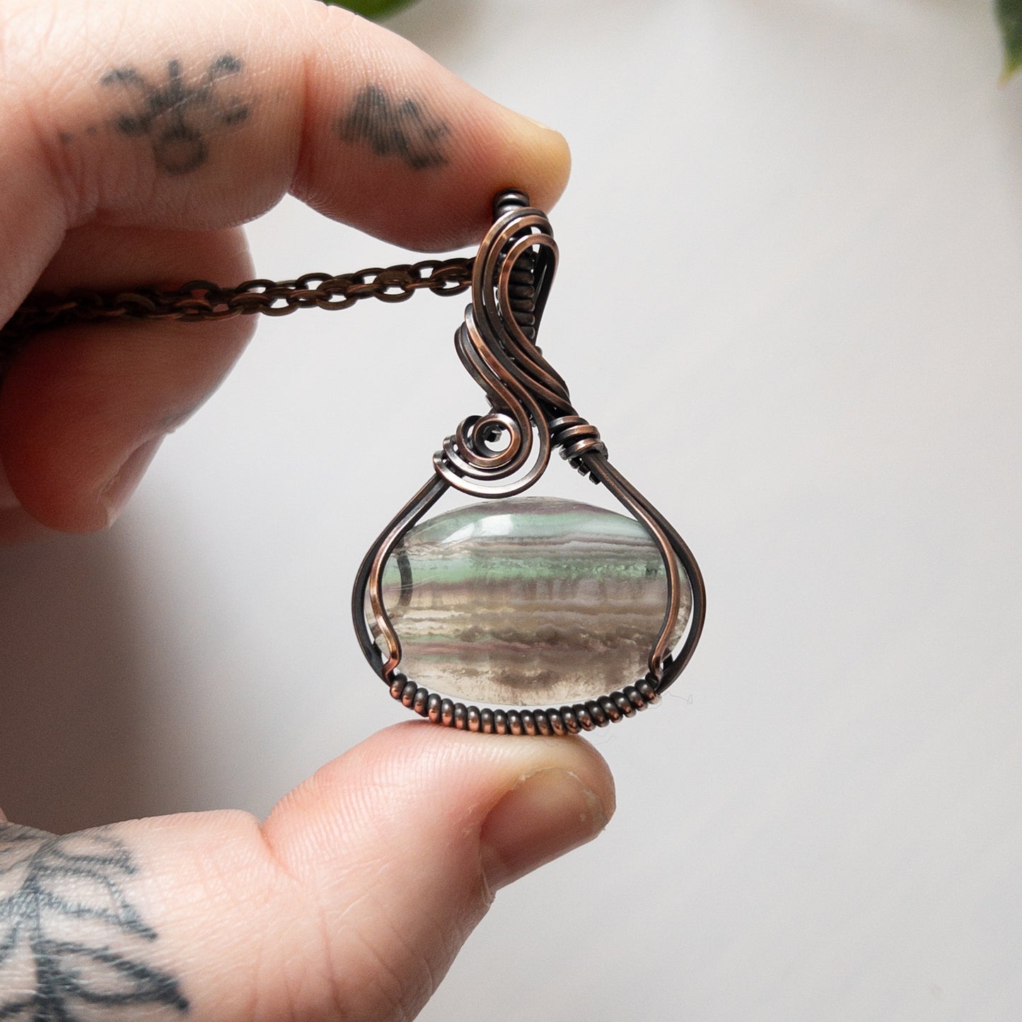 Banded Fluorite & Copper Wrapped Pendant