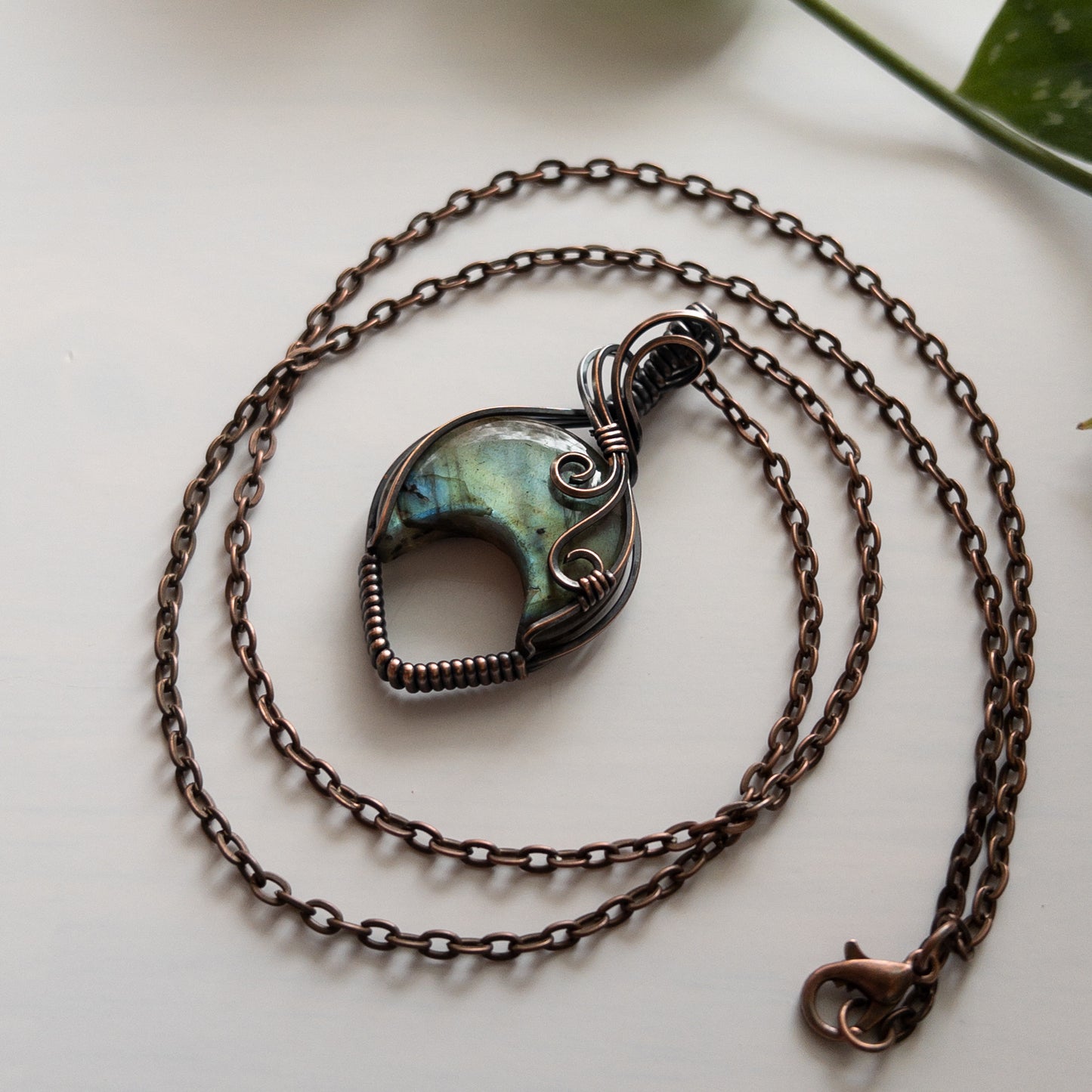 Labradorite Inverted Moon & Copper Wrapped Pendant