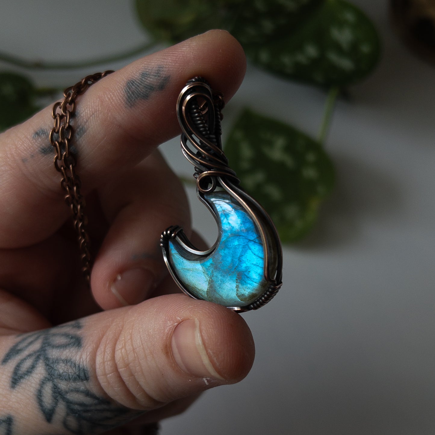 Labradorite Moon & Copper Wrapped Pendant