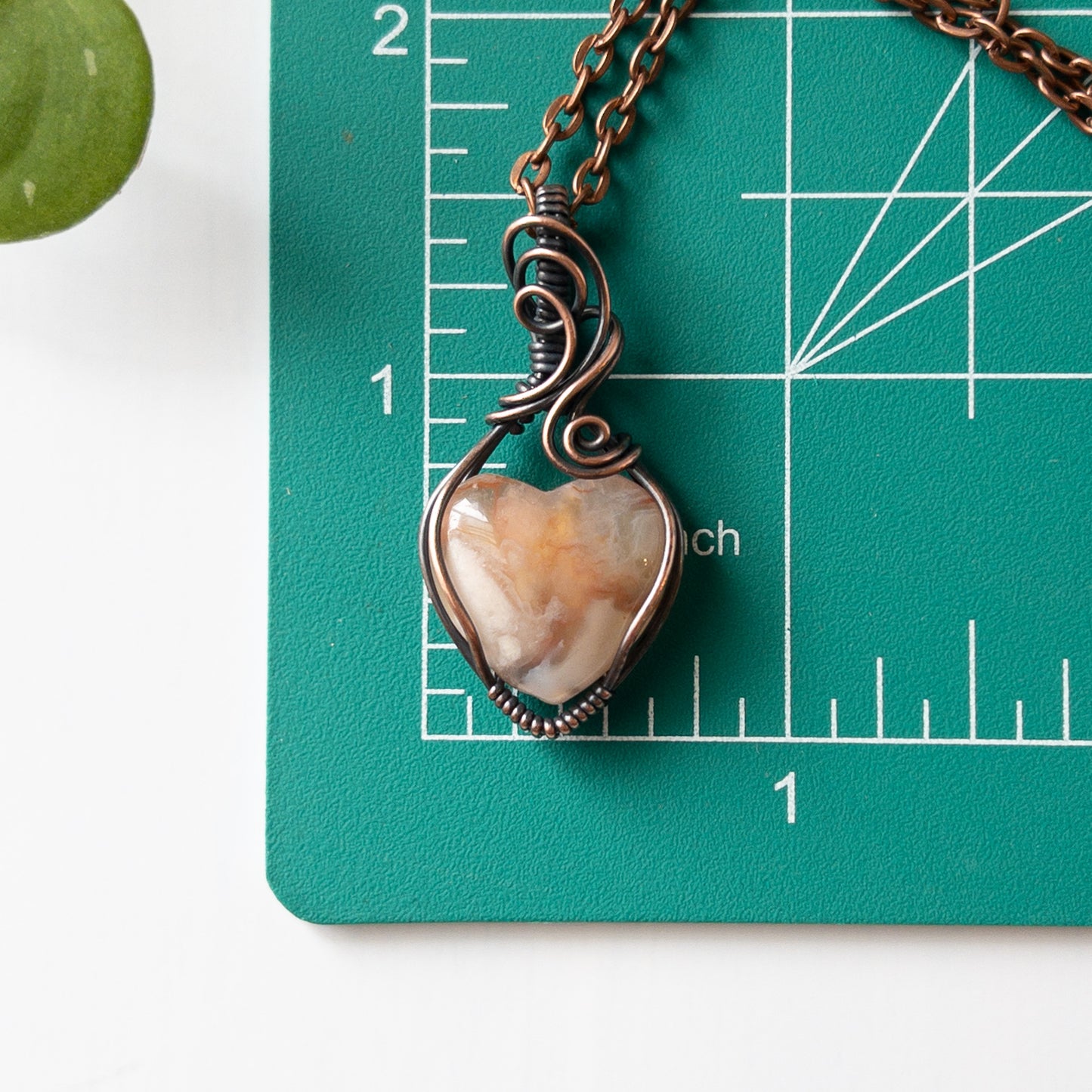 Flower Agate Heart & Copper Wrapped Pendant - C