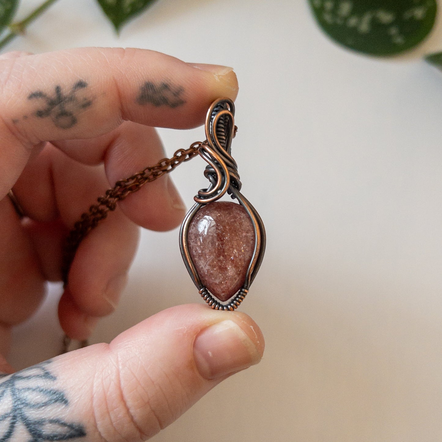 Strawberry Quartz & Copper Wrapped Pendant